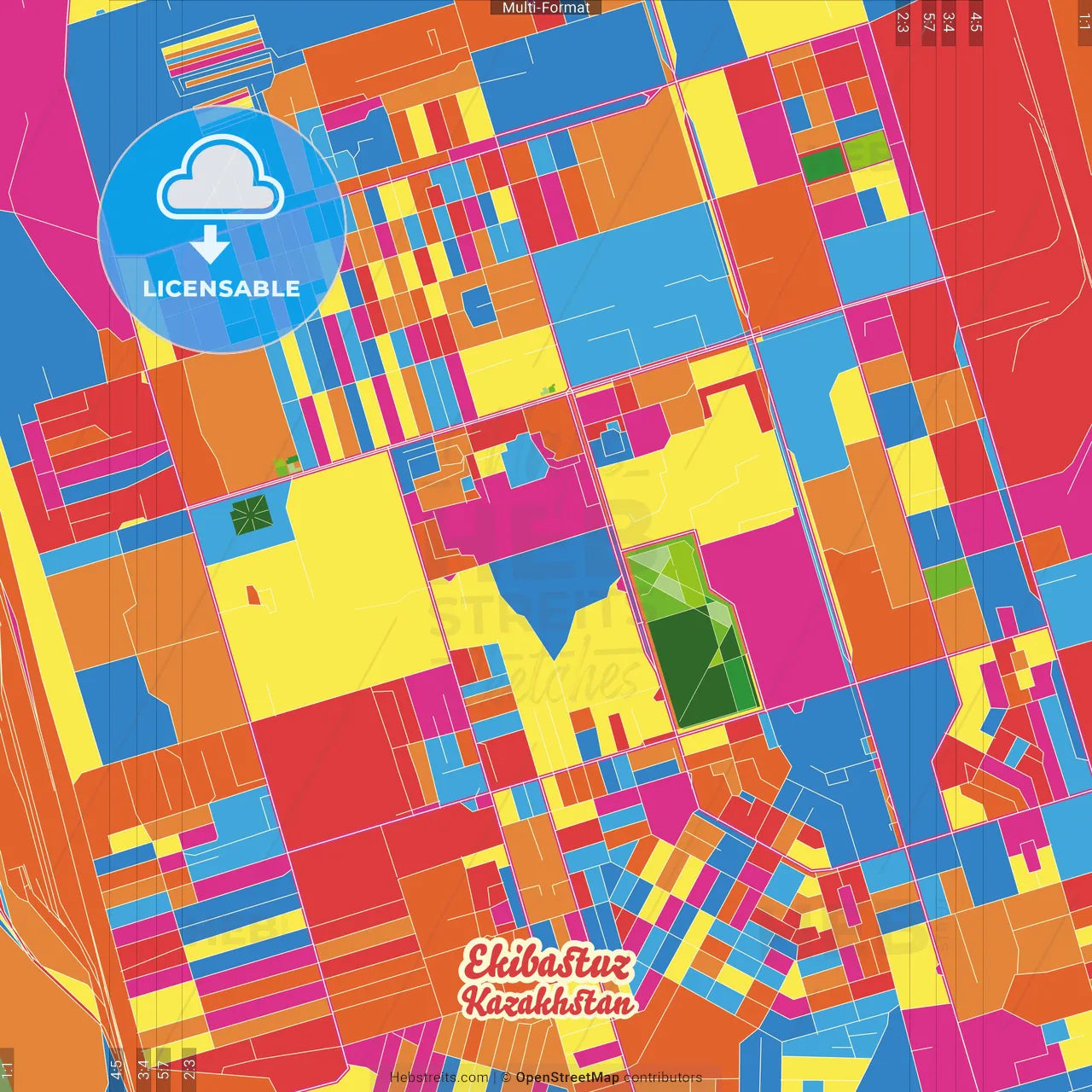 Ekibastuz, Pavlodar Region, Kazakhstan Crazy Colorful Street Map Poster Template