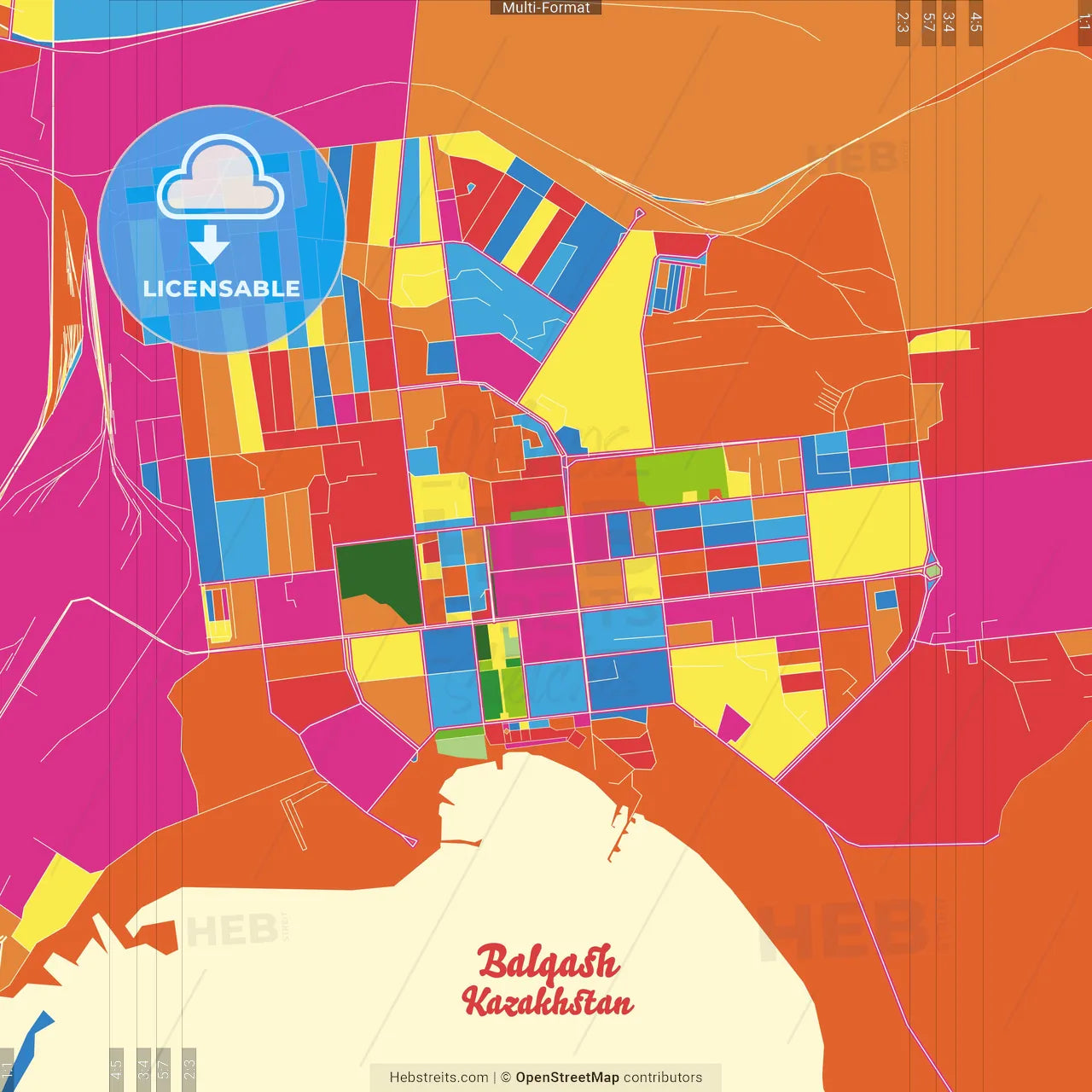 Balqash, Karagandy Province, Kazakhstan Crazy Colorful Street Map Poster Template