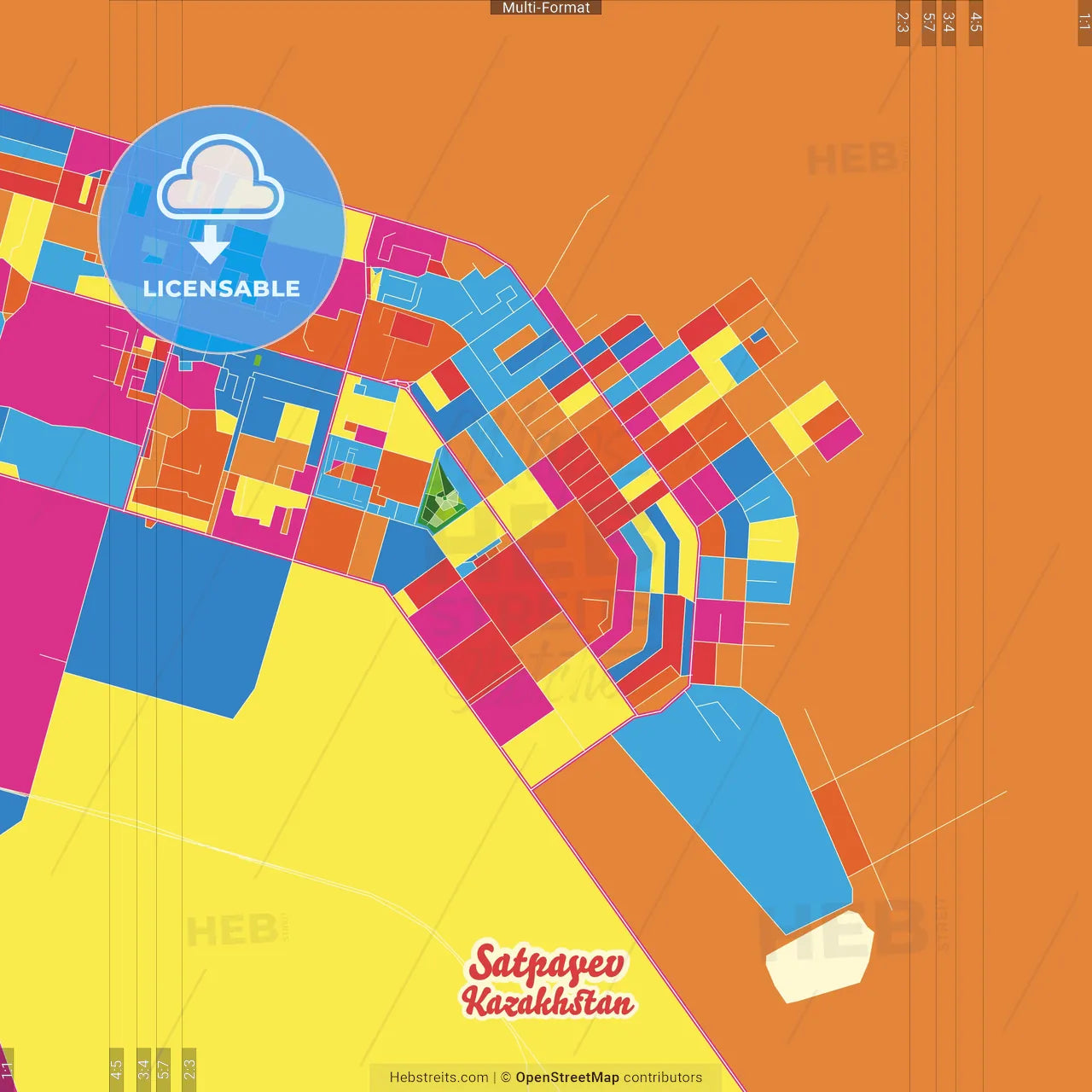 Satpayev, Karagandy Region, Kazakhstan Crazy Colorful Street Map Poster Template