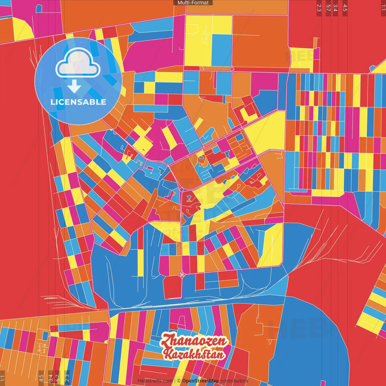 Zhanaozen, Mangystau Province, Kazakhstan Crazy Colorful Street Map Poster Template