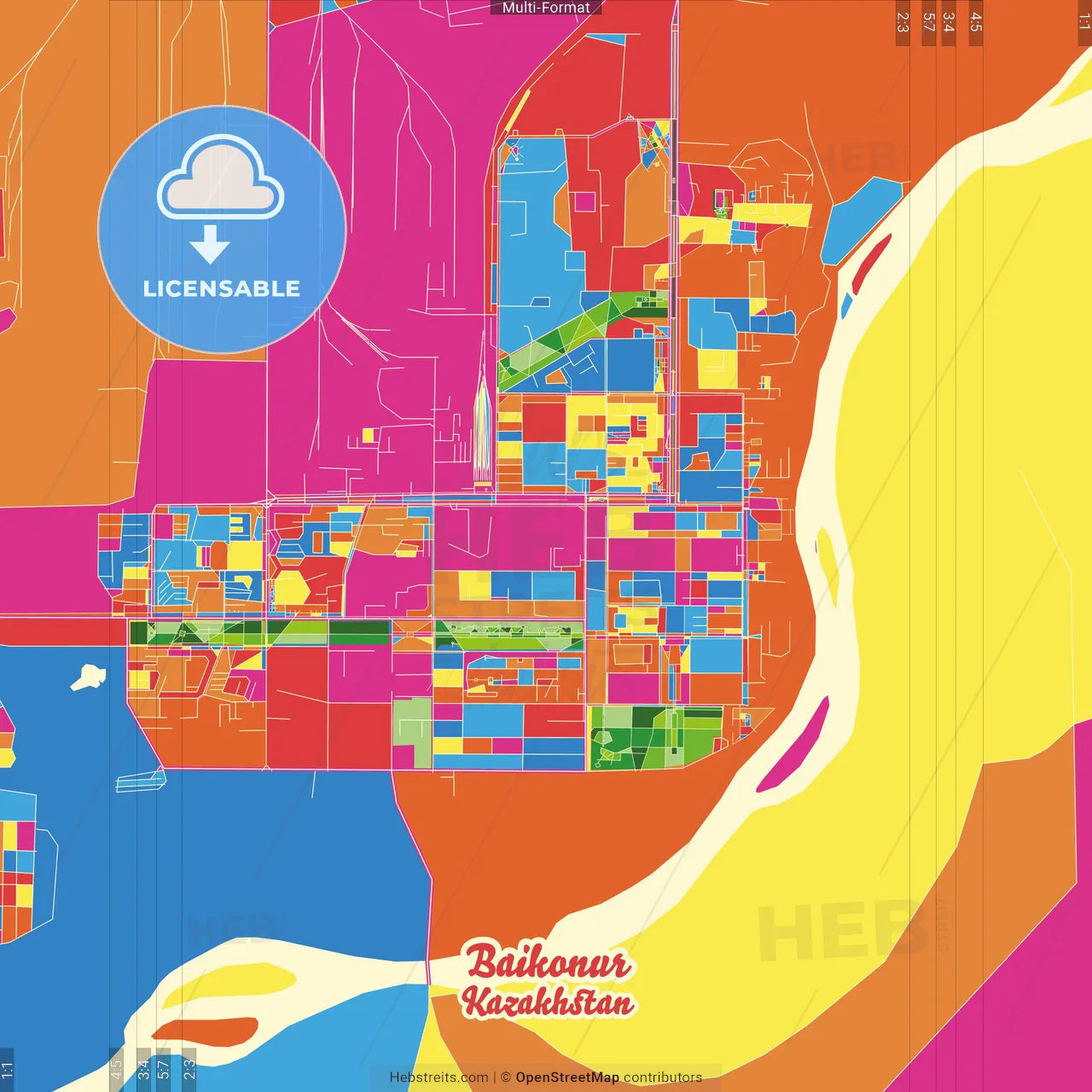 Baikonur, Kazakhstan Crazy Colorful Street Map Poster Template
