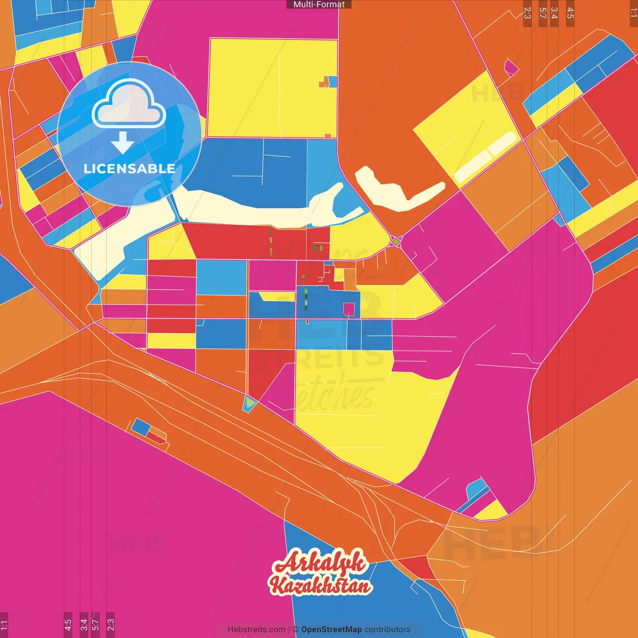 Arkalyk, Kostanay Province, Kazakhstan Crazy Colorful Street Map Poster Template