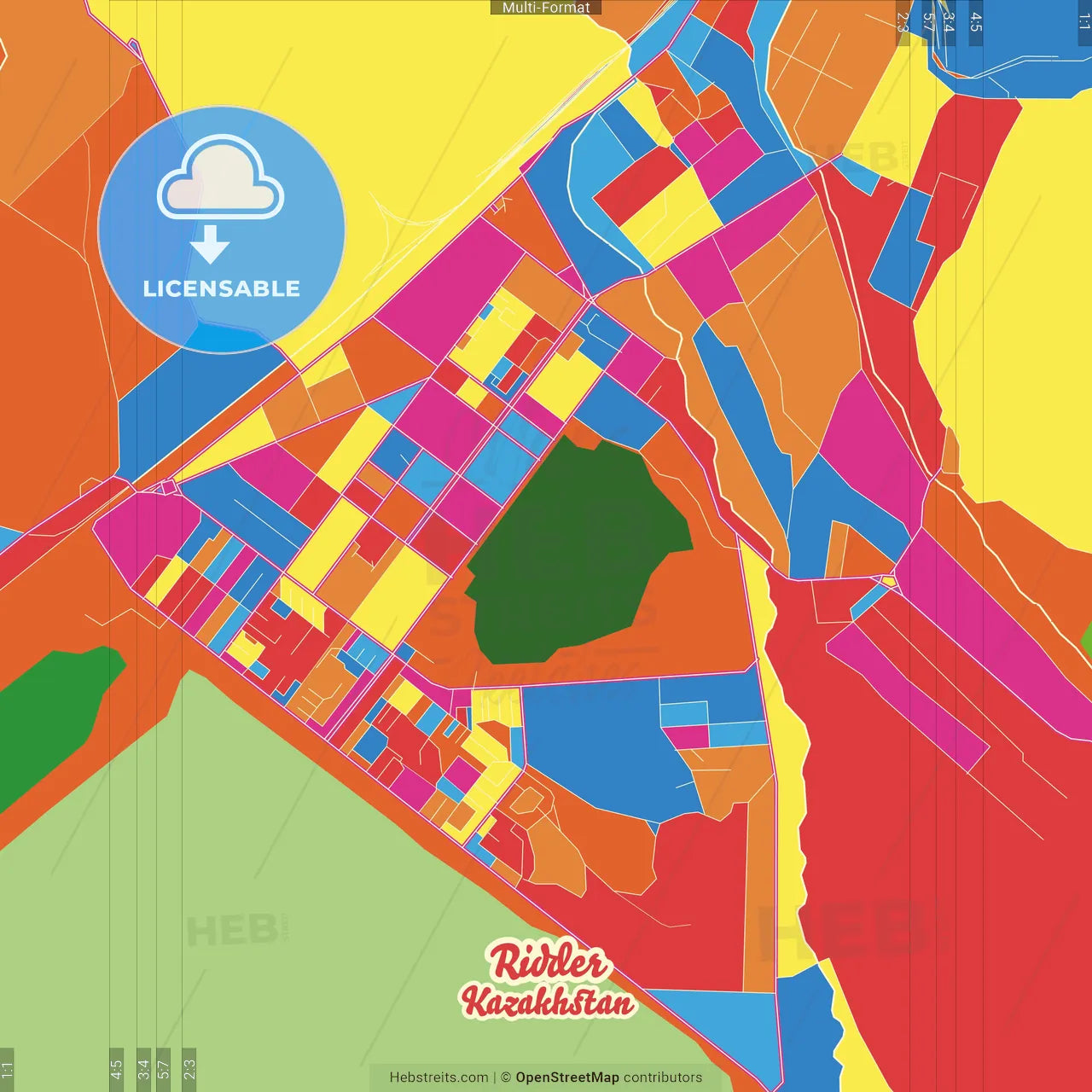 Ridder, East Kazakhstan Region, Kazakhstan Crazy Colorful Street Map Poster Template