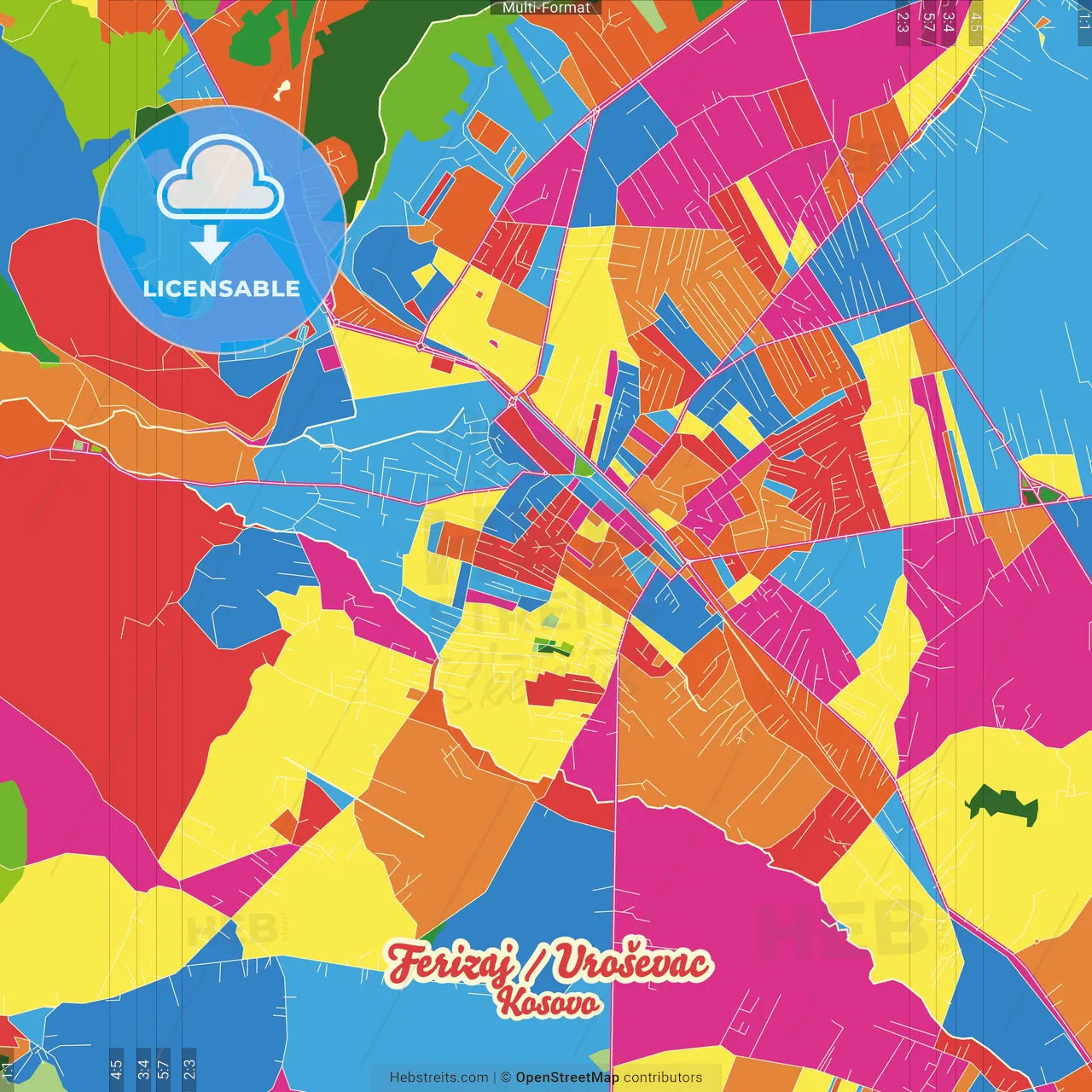 Ferizaj / Uroševac, District of Ferizaj, Kosovo Crazy Colorful Street Map Poster Template