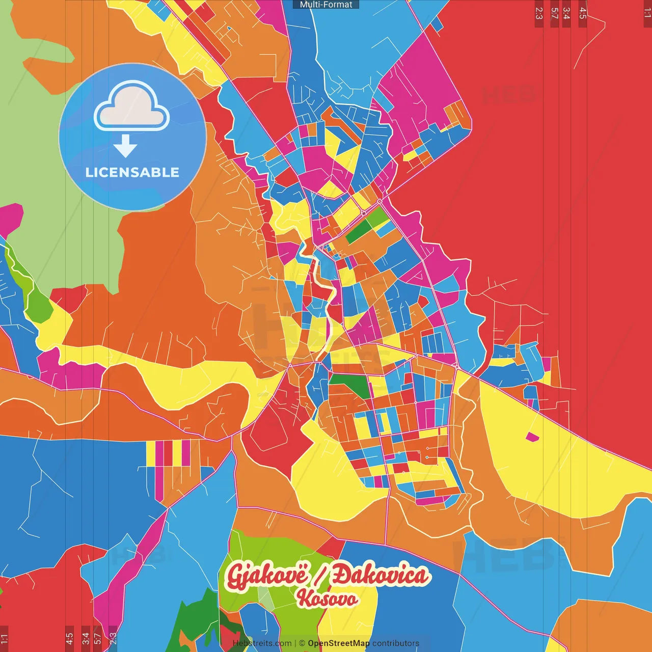 Gjakovë / Đakovica, District of Gjakova, Kosovo Crazy Colorful Street Map Poster Template