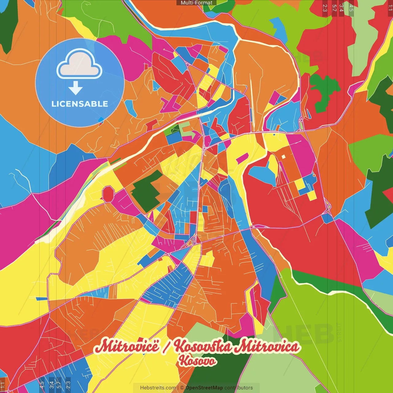 Mitrovicë / Kosovska Mitrovica, District of Mitrovica, Kosovo Crazy Colorful Street Map Poster Template