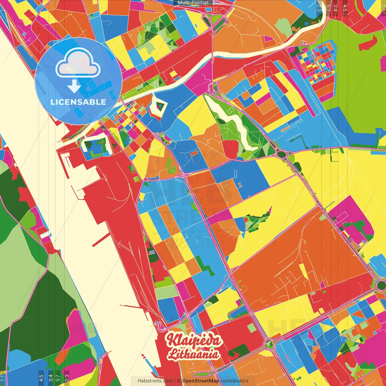 Klaipėda, Klaipėda County, Lithuania Crazy Colorful Street Map Poster Template