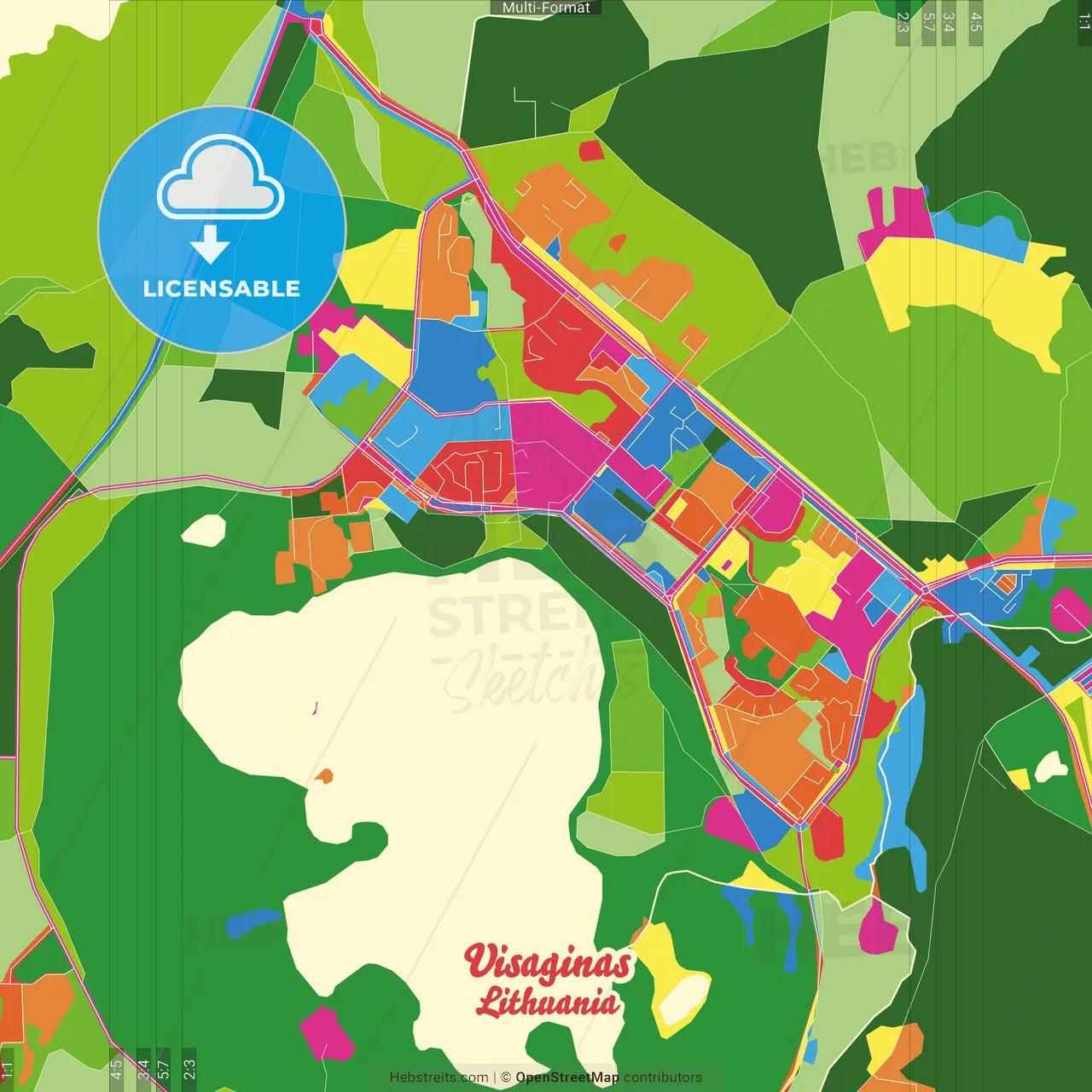 Visaginas, Utena County, Lithuania Crazy Colorful Street Map Poster Template