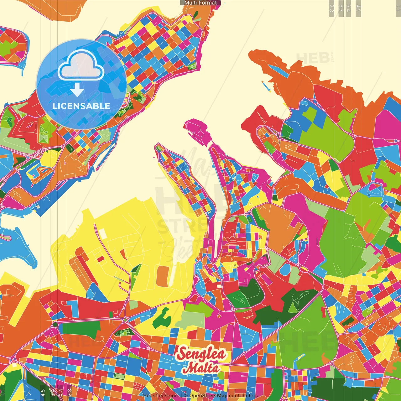 Senglea, South Eastern Region, Malta Crazy Colorful Street Map Poster Template