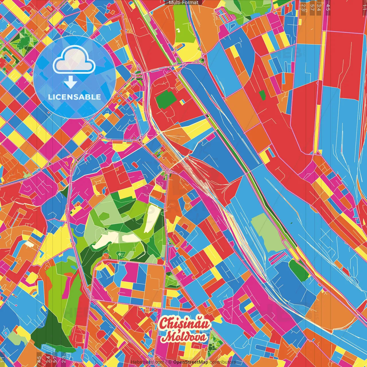 Chișinău, Chișinău municipality, Moldova Crazy Colorful Street Map Poster Template