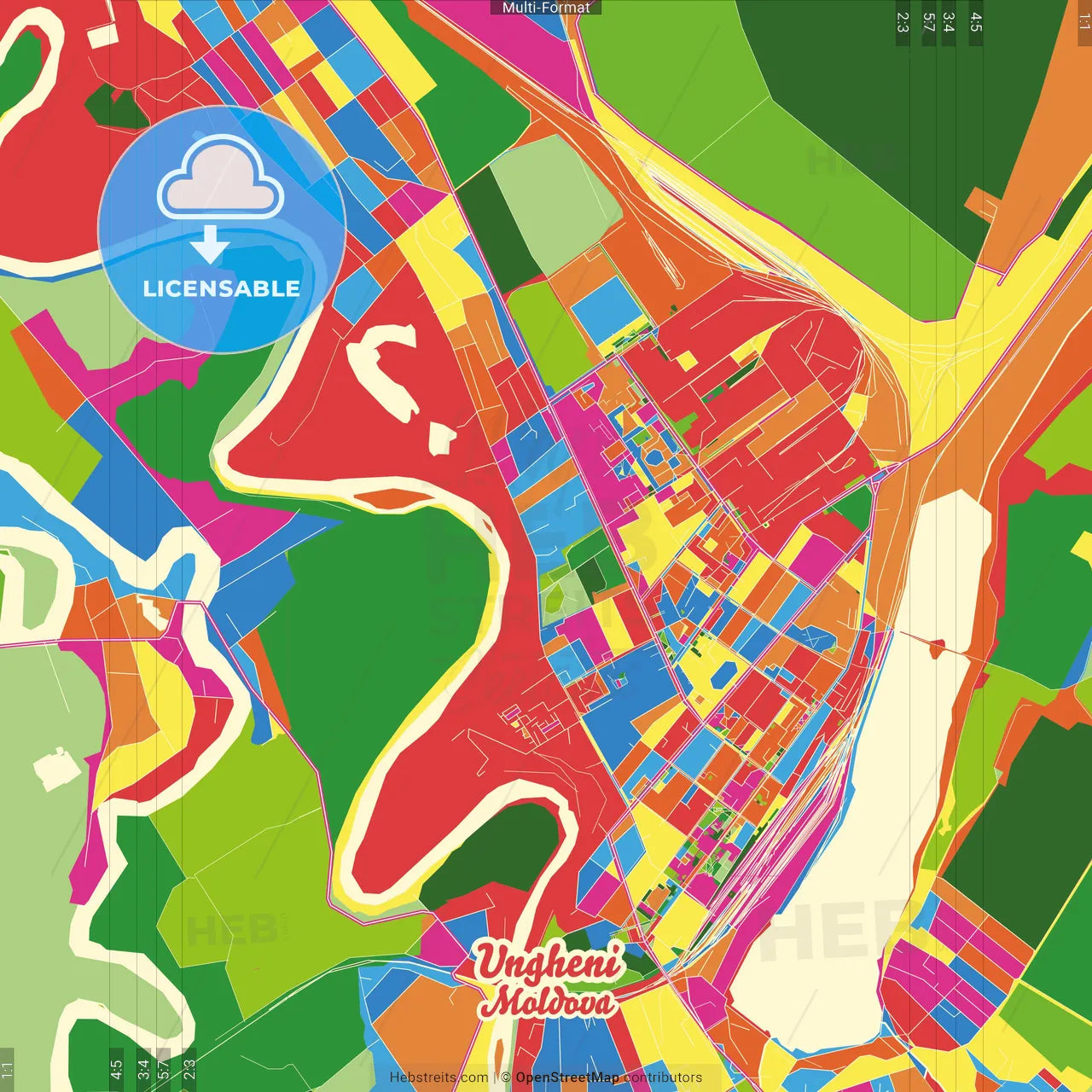 Ungheni, Ungheni district, Moldova Crazy Colorful Street Map Poster Template