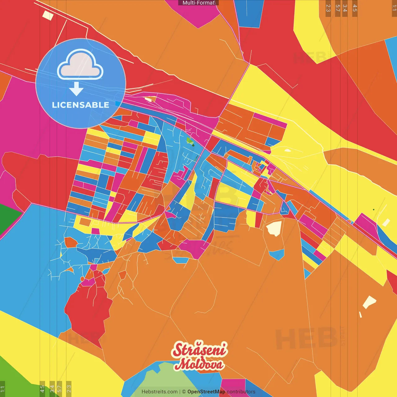 Strășeni, Strășeni district, Moldova Crazy Colorful Street Map Poster Template