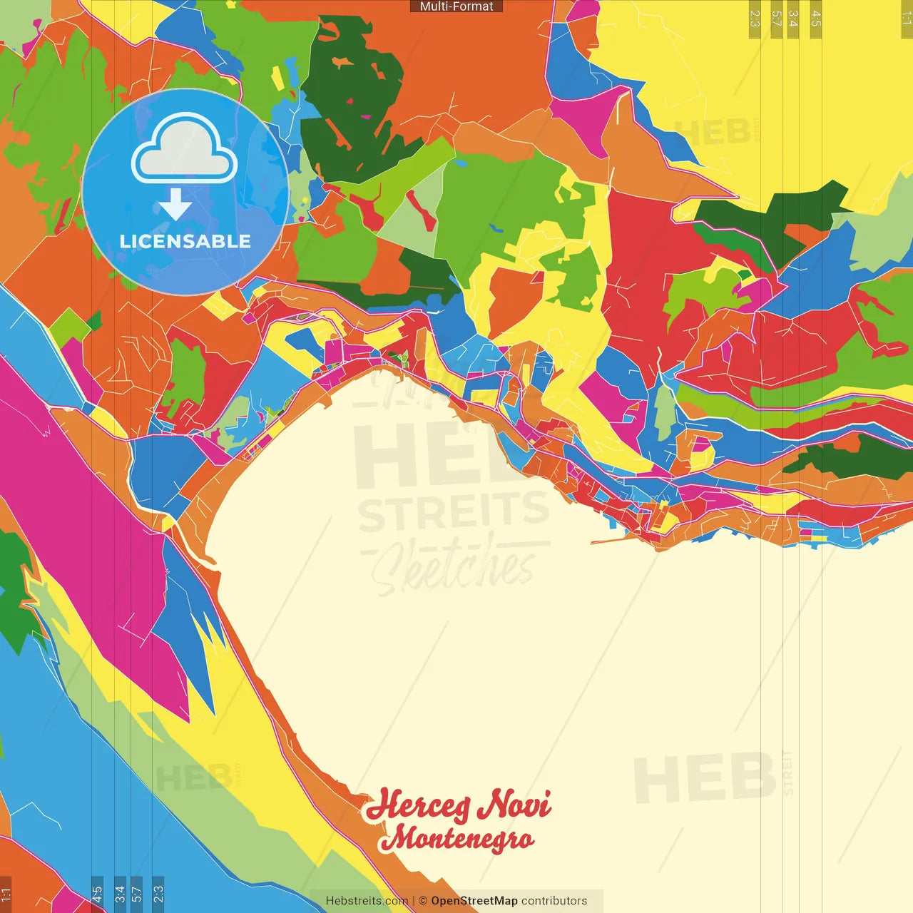 Herceg Novi, Coastal, Montenegro Crazy Colorful Street Map Poster Template
