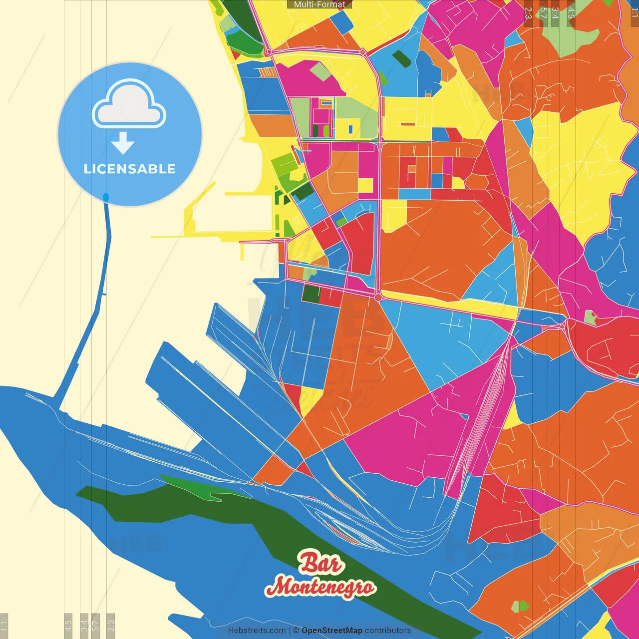 Bar, Coastal, Montenegro Crazy Colorful Street Map Poster Template