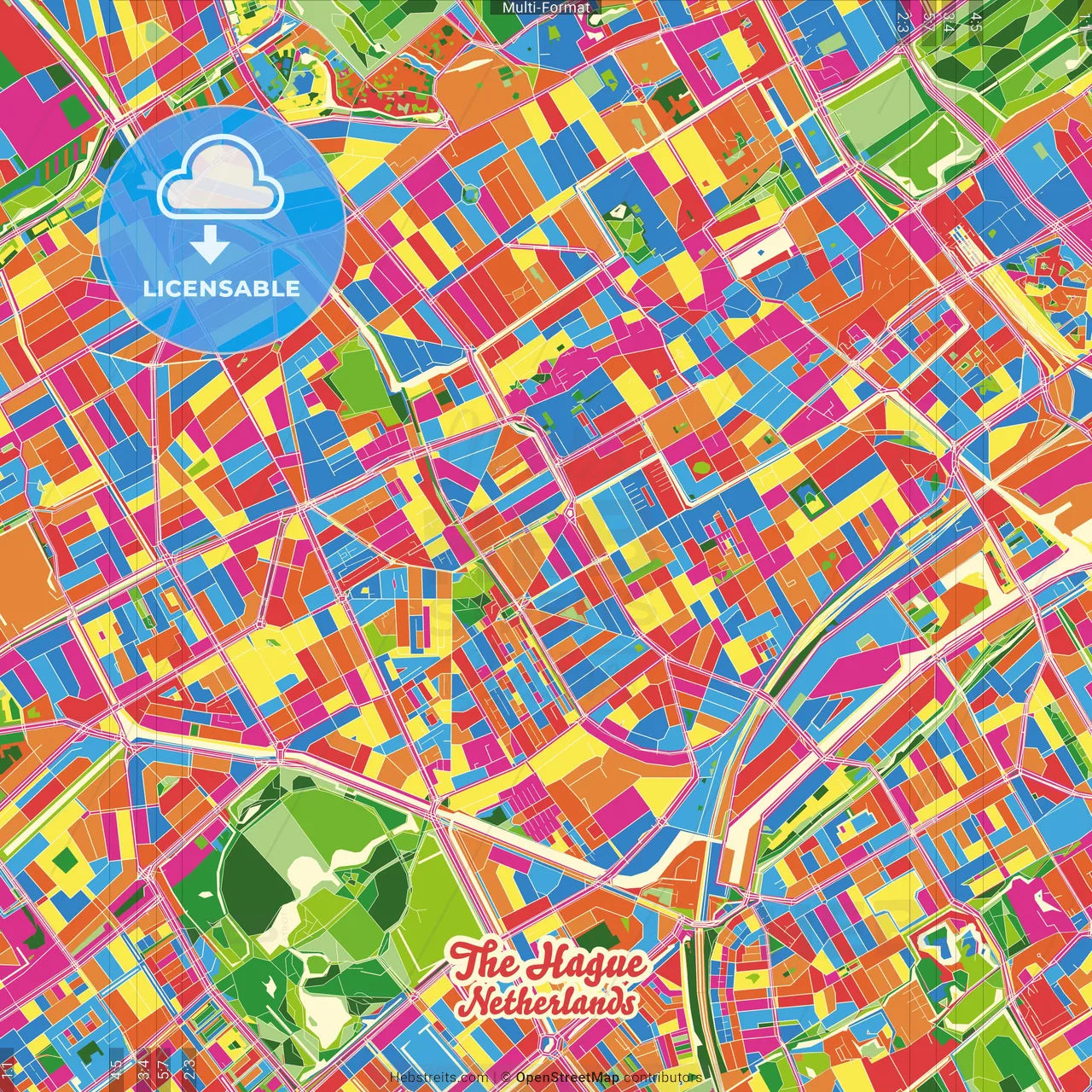 The Hague, South Holland, Netherlands Crazy Colorful Street Map Poster Template