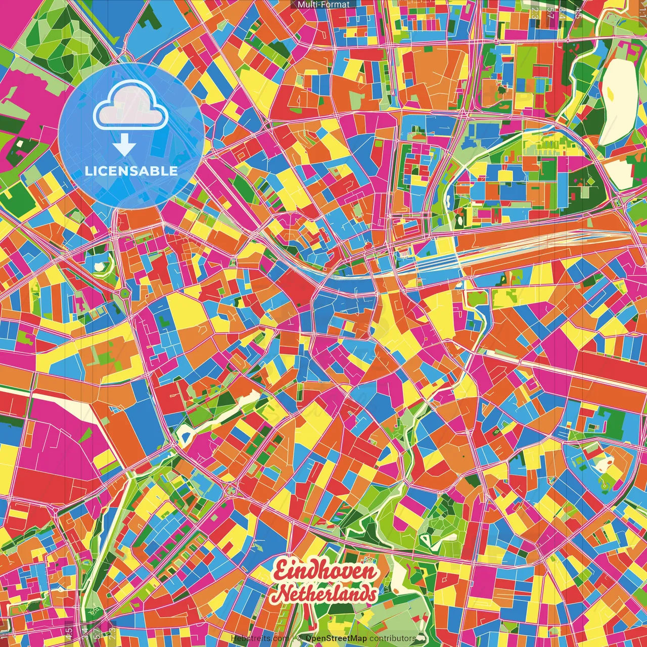 Eindhoven, North Brabant, Netherlands Crazy Colorful Street Map Poster Template
