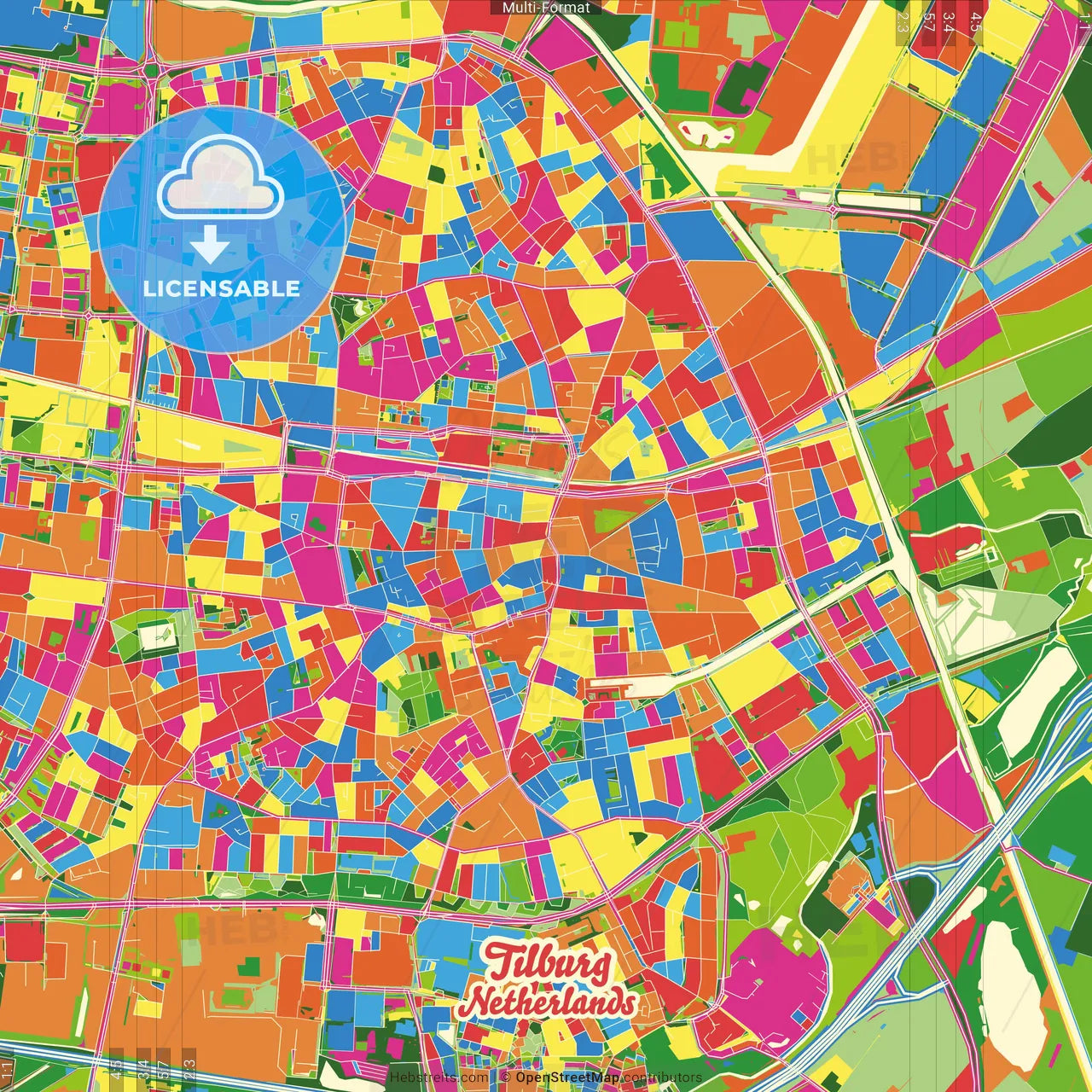 Tilburg, North Brabant, Netherlands Crazy Colorful Street Map Poster Template