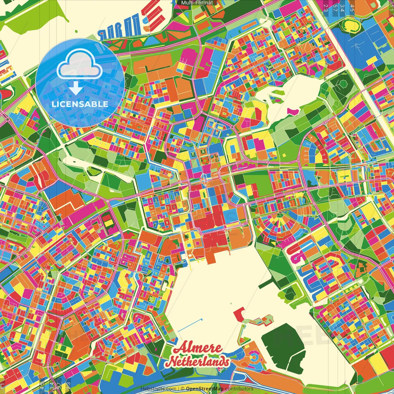 Almere, Flevoland, Netherlands Crazy Colorful Street Map Poster Template