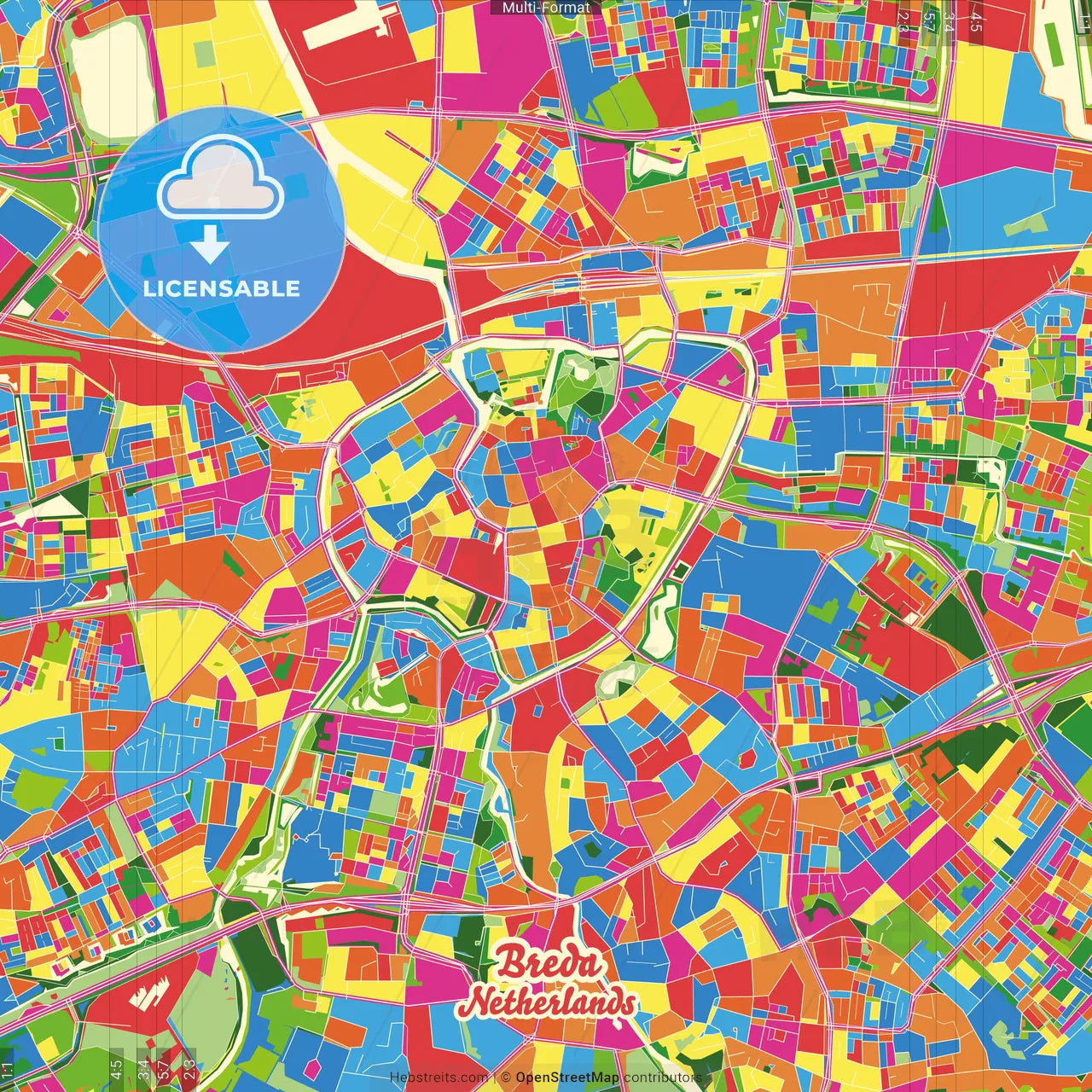 Breda, North Brabant, Netherlands Crazy Colorful Street Map Poster Template