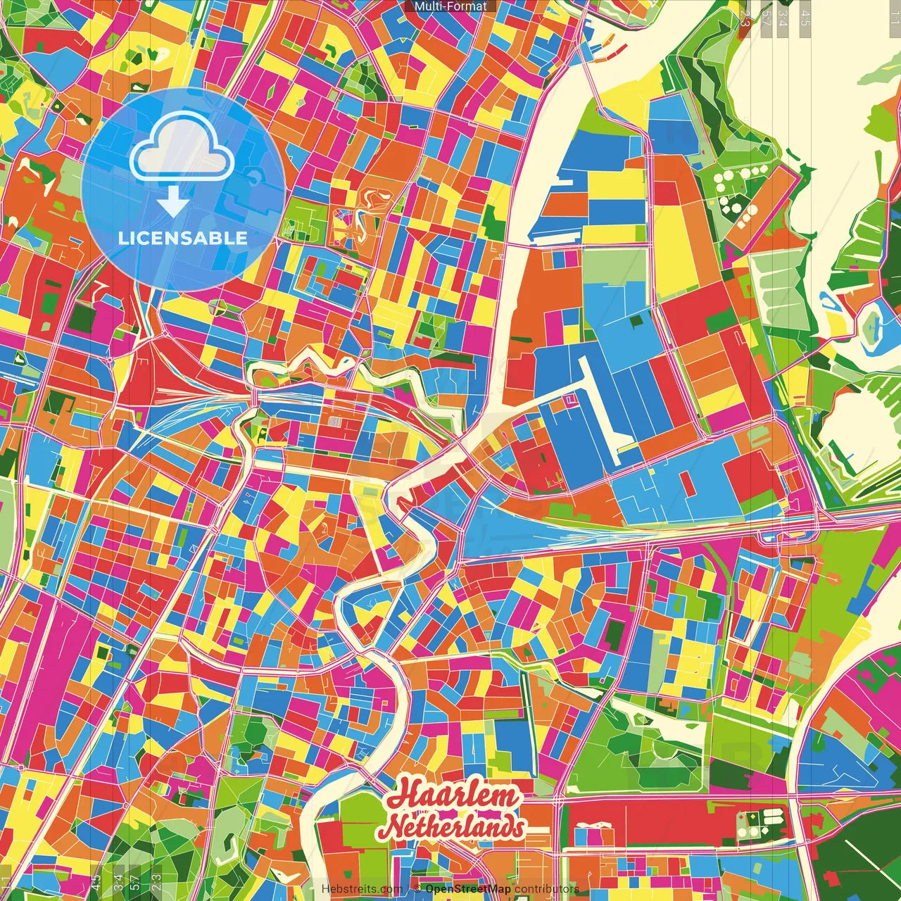 Haarlem, North Holland, Netherlands Crazy Colorful Street Map Poster Template