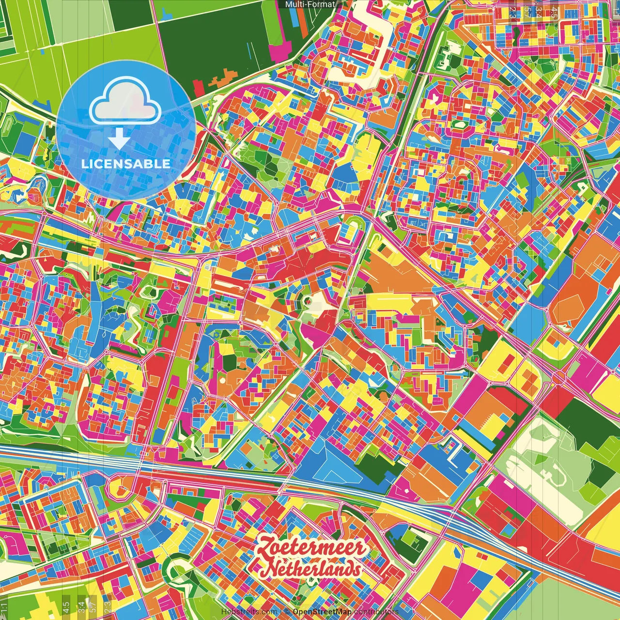 Zoetermeer, South Holland, Netherlands Crazy Colorful Street Map Poster Template