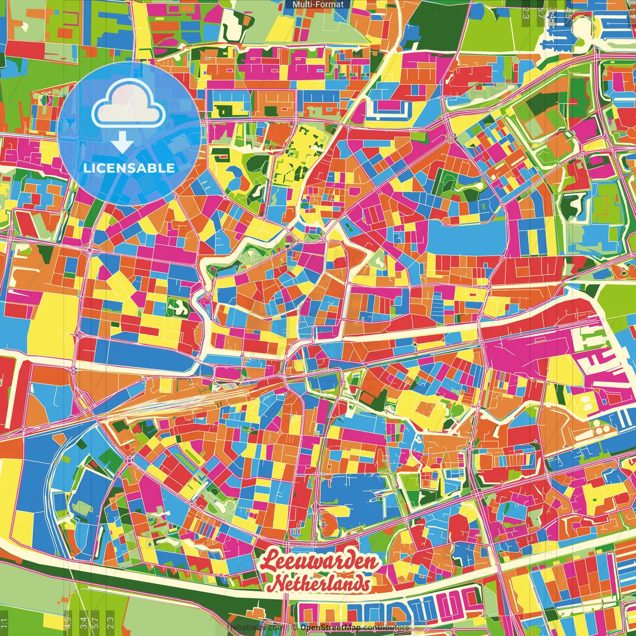 Leeuwarden, Friesland, Netherlands Crazy Colorful Street Map Poster Template