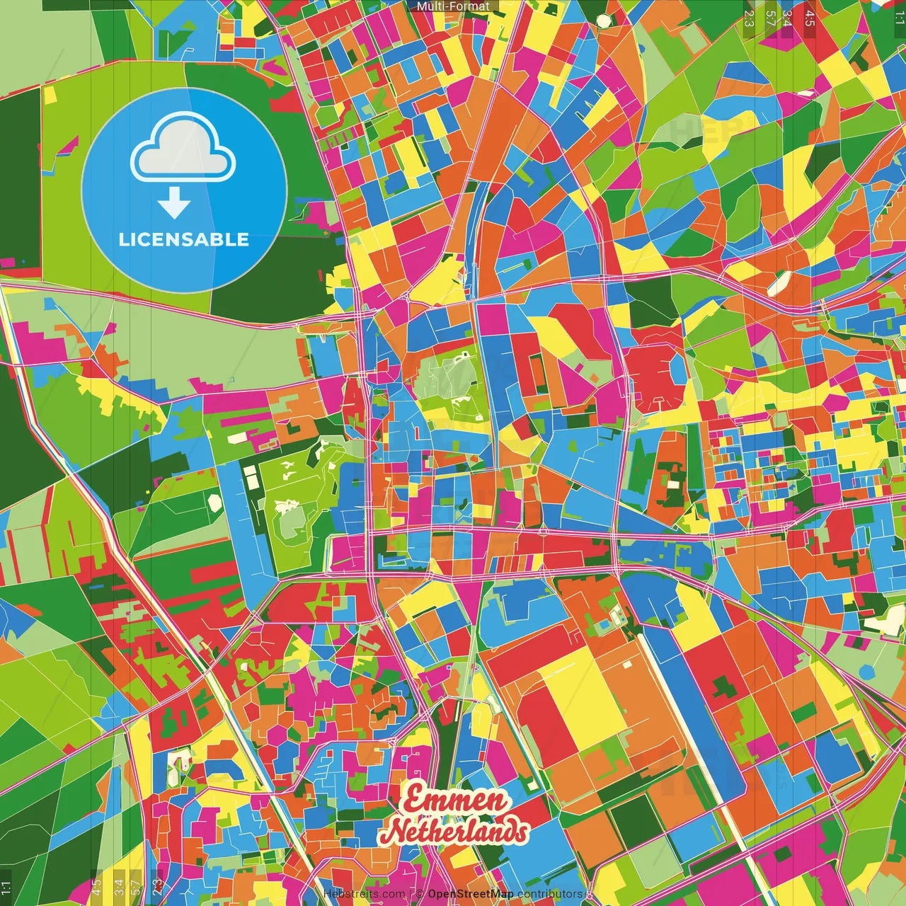 Emmen, Drenthe, Netherlands Crazy Colorful Street Map Poster Template