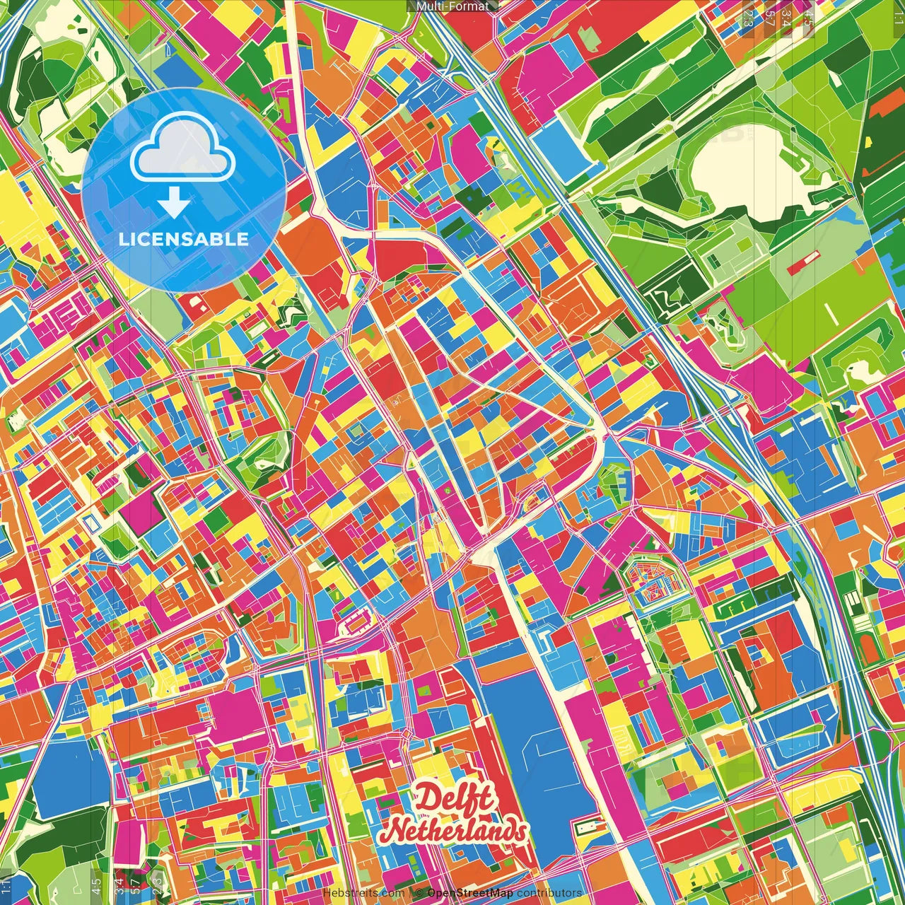 Delft, South Holland, Netherlands Crazy Colorful Street Map Poster Template
