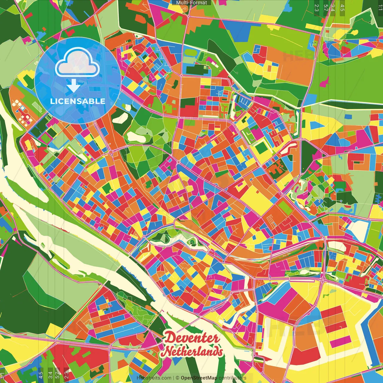 Deventer, Overijssel, Netherlands Crazy Colorful Street Map Poster Template