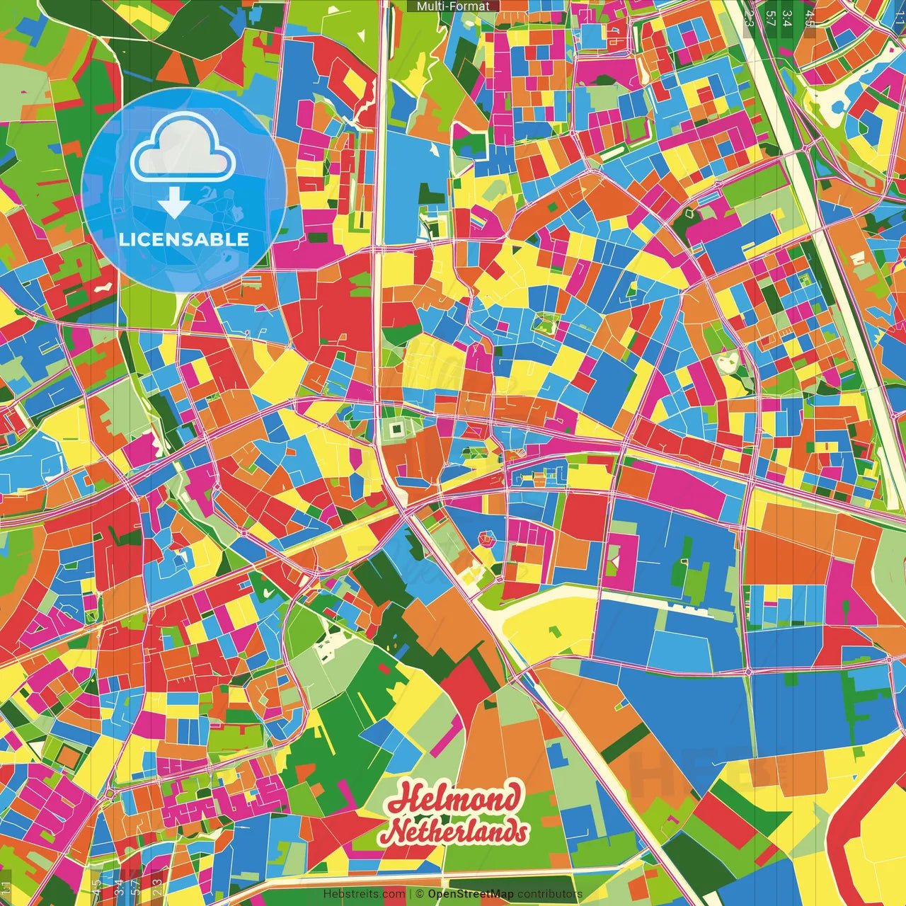 Helmond, North Brabant, Netherlands Crazy Colorful Street Map Poster Template