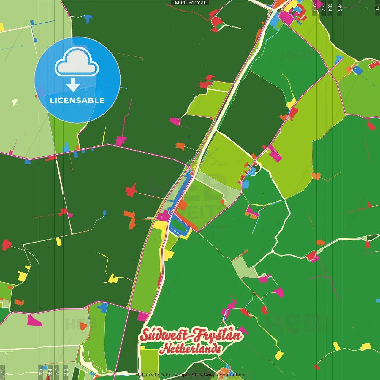 Súdwest-Fryslân, Friesland, Netherlands Crazy Colorful Street Map Poster Template
