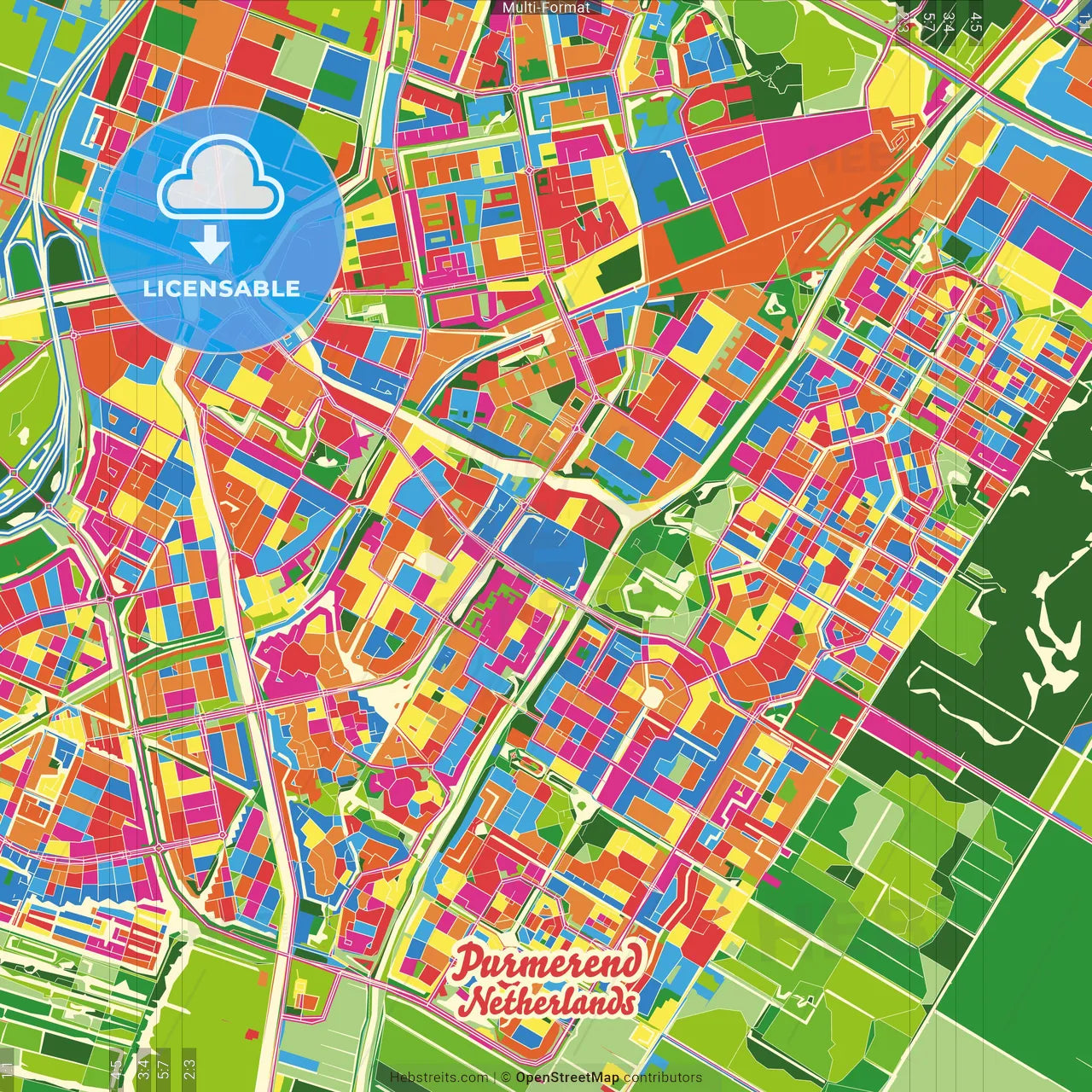 Purmerend, North Holland, Netherlands Crazy Colorful Street Map Poster Template
