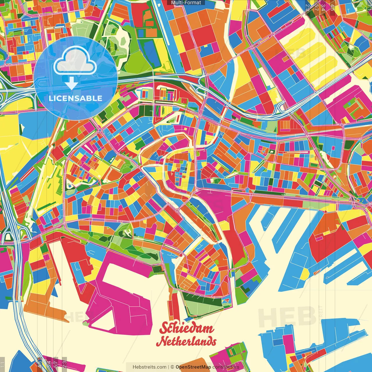 Schiedam, South Holland, Netherlands Crazy Colorful Street Map Poster Template