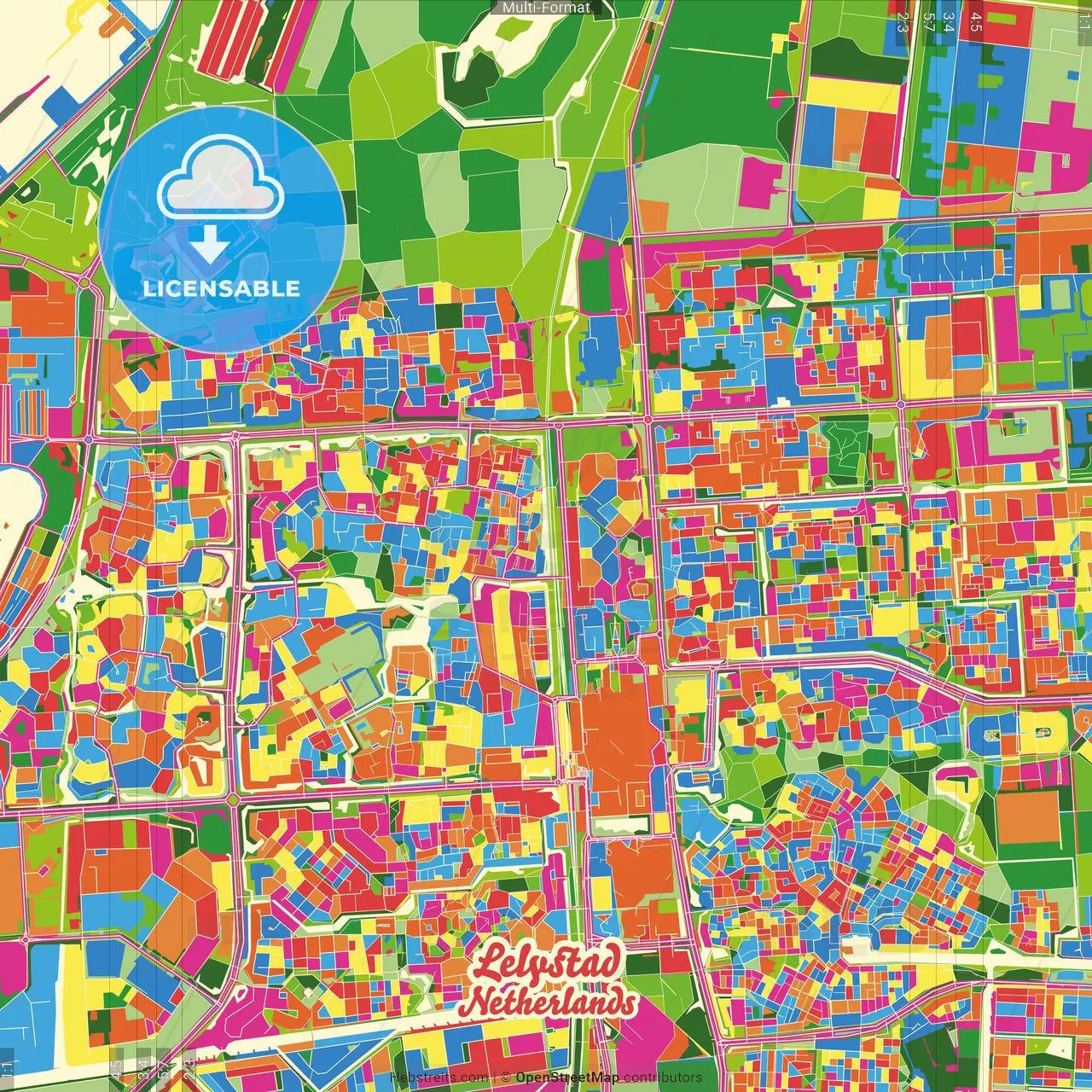 Lelystad, Flevoland, Netherlands Crazy Colorful Street Map Poster Template