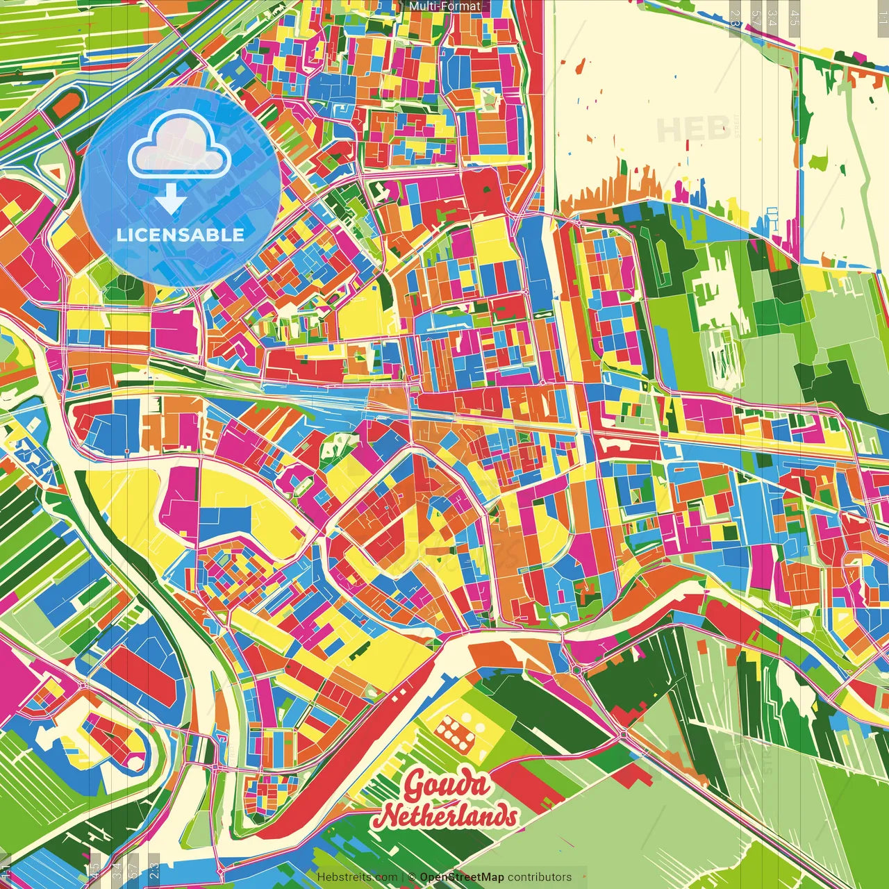 Gouda, South Holland, Netherlands Crazy Colorful Street Map Poster Template