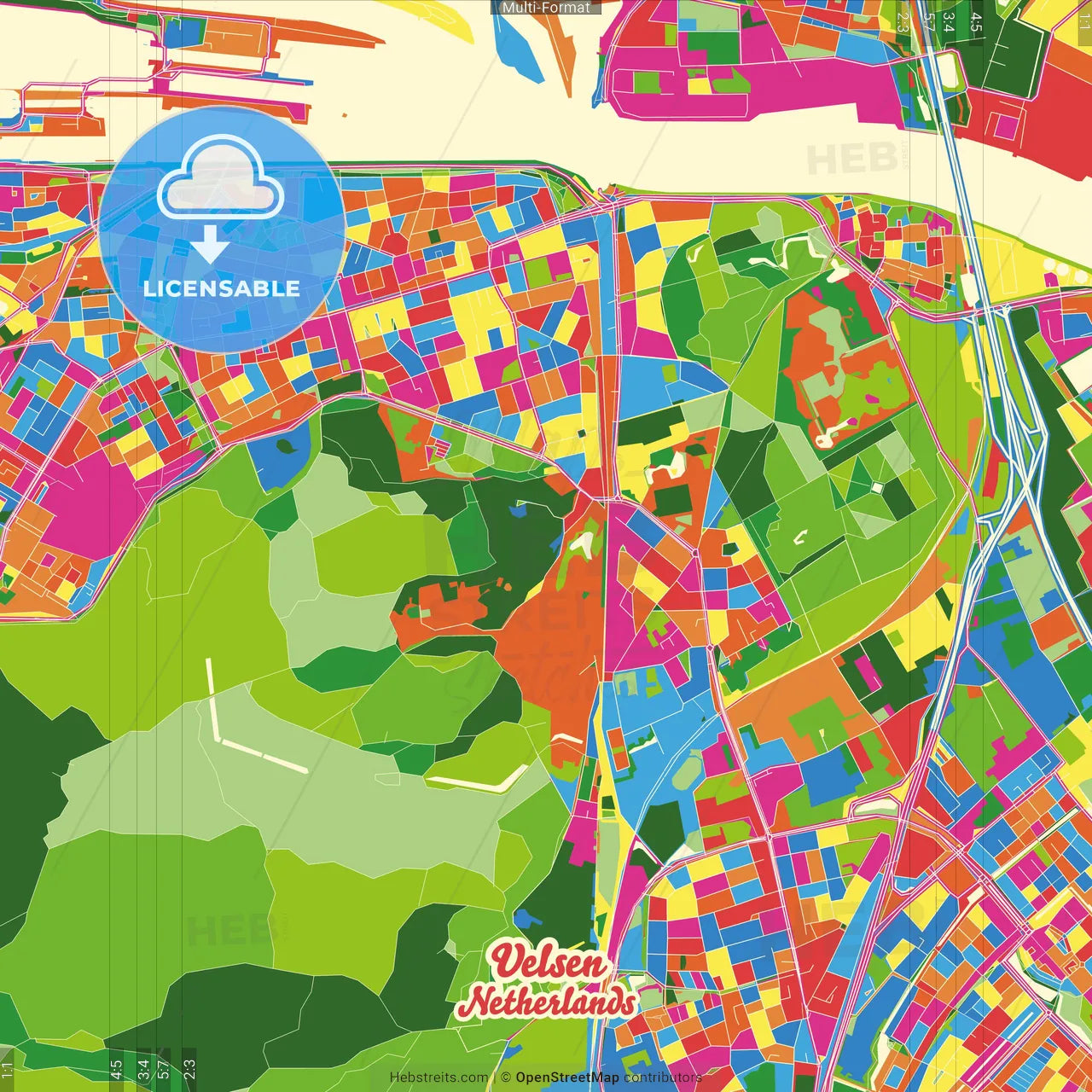Velsen, North Holland, Netherlands Crazy Colorful Street Map Poster Template