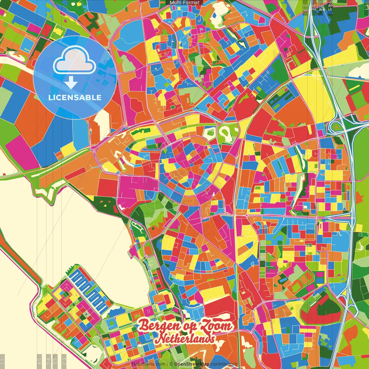 Bergen op Zoom, North Brabant, Netherlands Crazy Colorful Street Map Poster Template