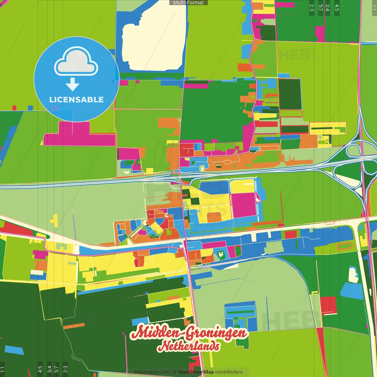 Midden-Groningen, Groningen, Netherlands Crazy Colorful Street Map Poster Template
