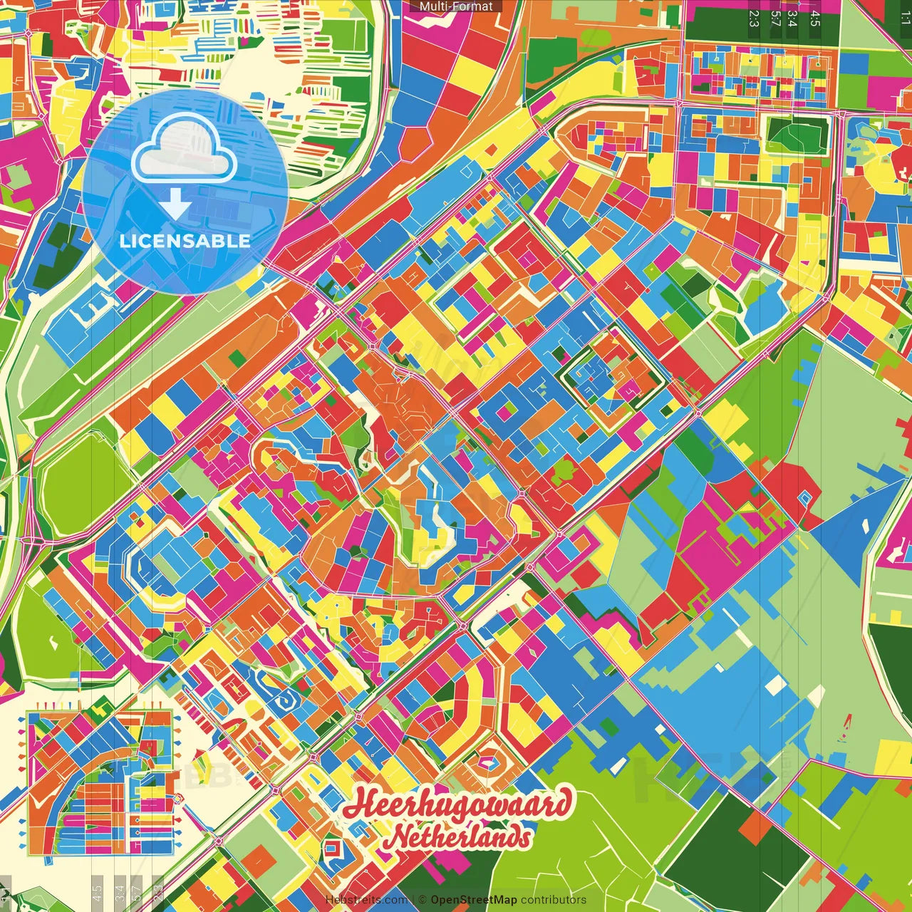 Heerhugowaard, North Holland, Netherlands Crazy Colorful Street Map Poster Template