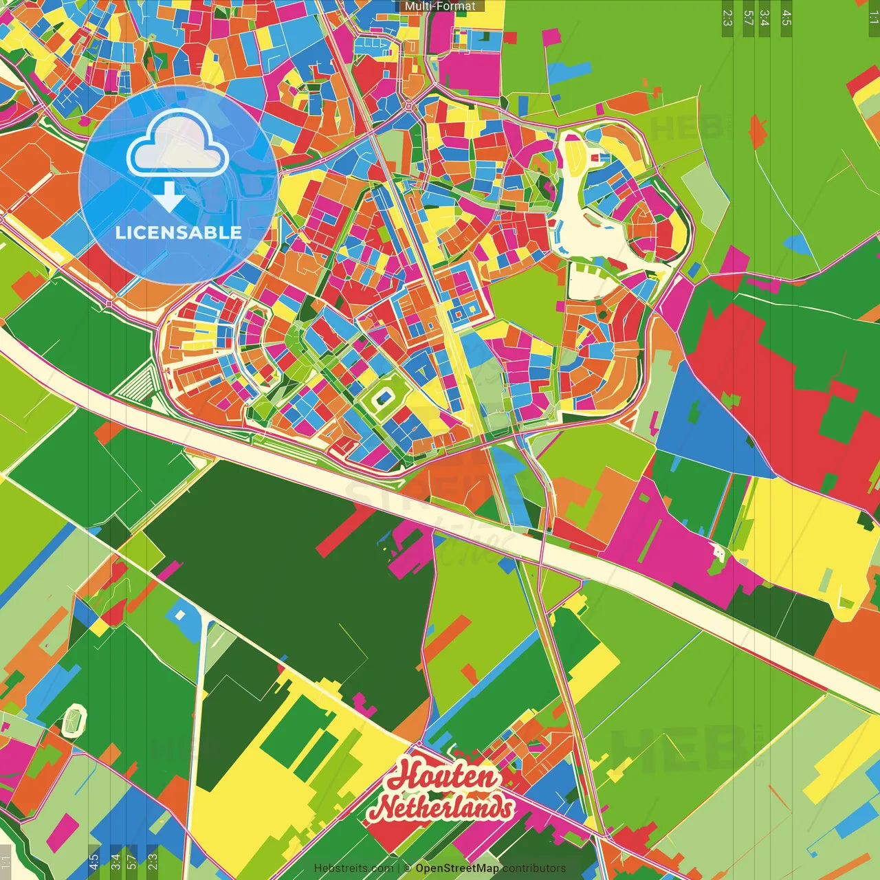 Houten, Utrecht, Netherlands Crazy Colorful Street Map Poster Template