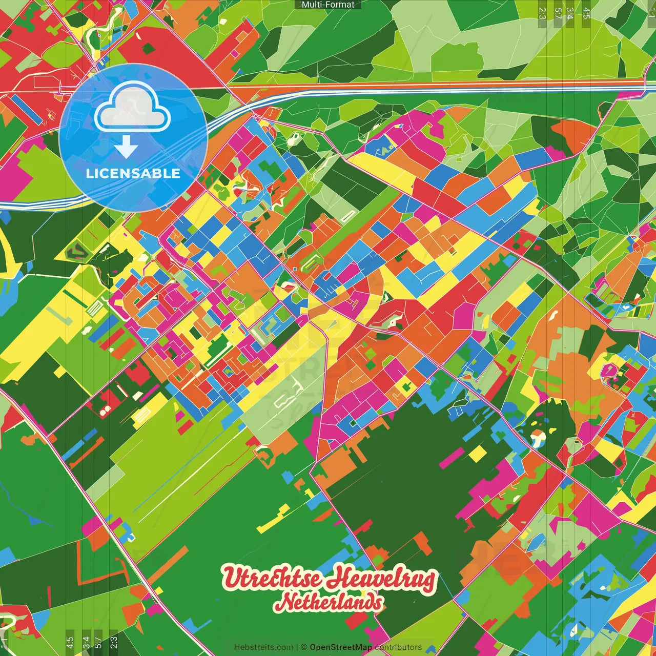 Utrechtse Heuvelrug, Utrecht, Netherlands Crazy Colorful Street Map Poster Template