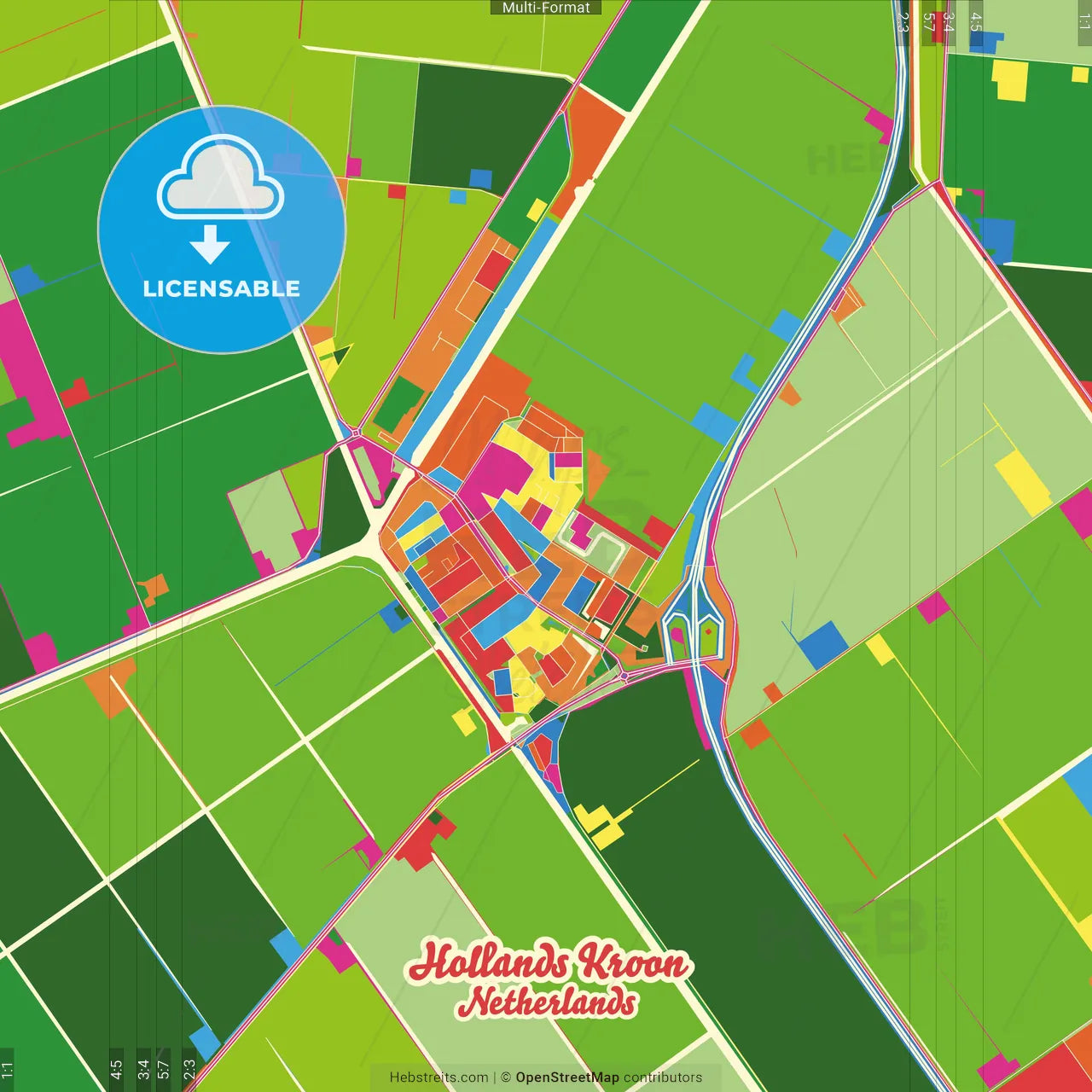 Hollands Kroon, North Holland, Netherlands Crazy Colorful Street Map Poster Template