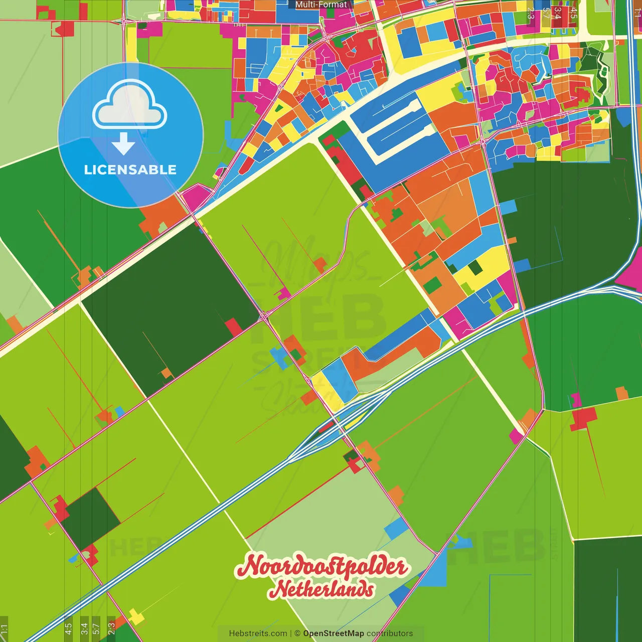 Noordoostpolder, Flevoland, Netherlands Crazy Colorful Street Map Poster Template