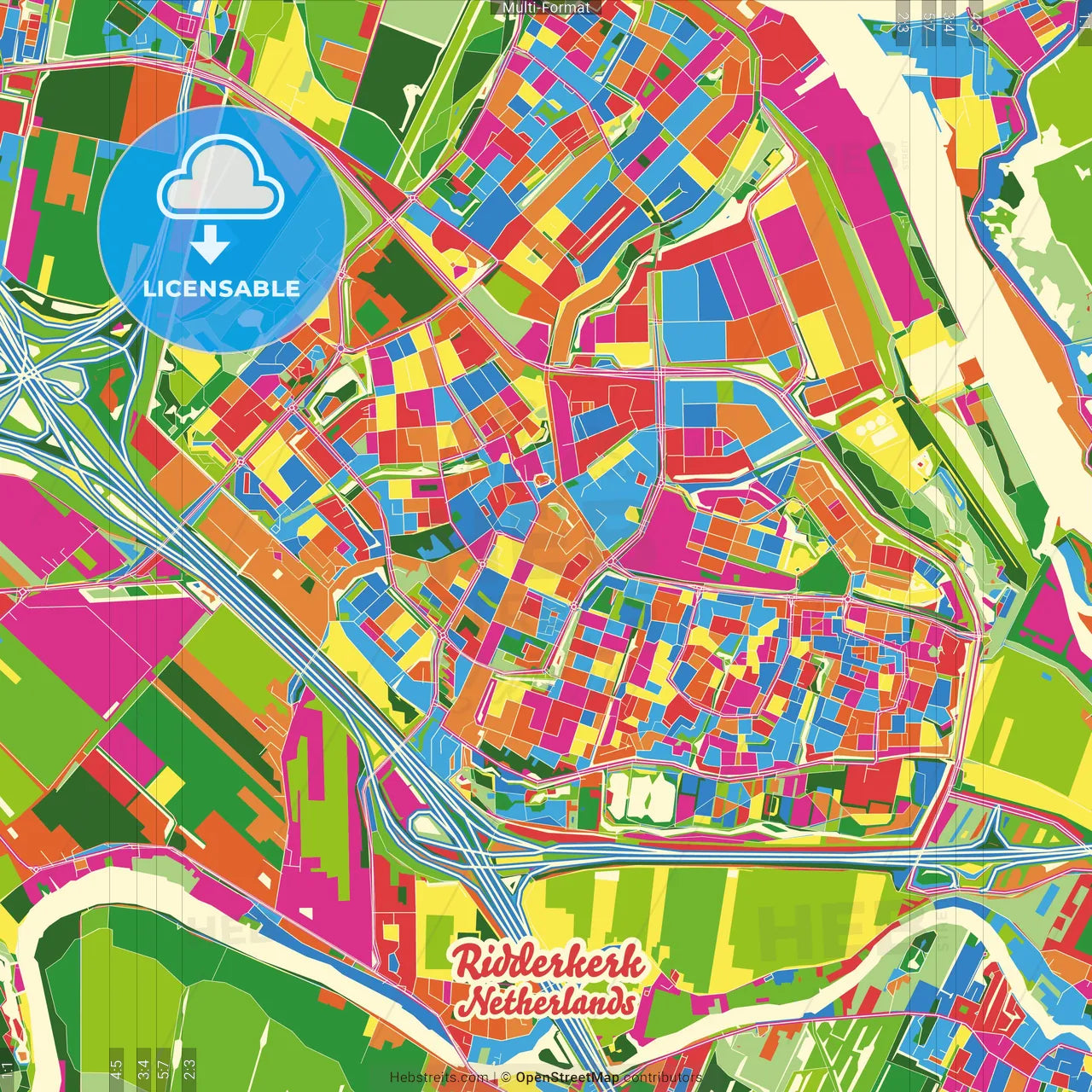 Ridderkerk, South Holland, Netherlands Crazy Colorful Street Map Poster Template