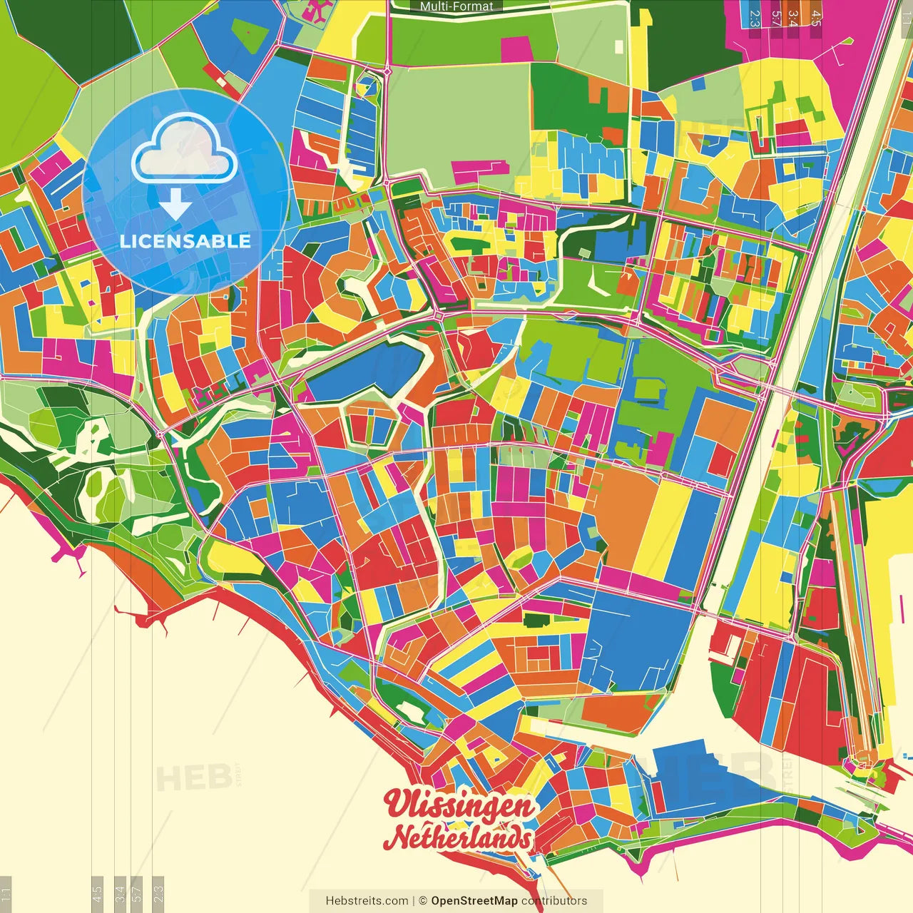 Vlissingen, Zeeland, Netherlands Crazy Colorful Street Map Poster Template