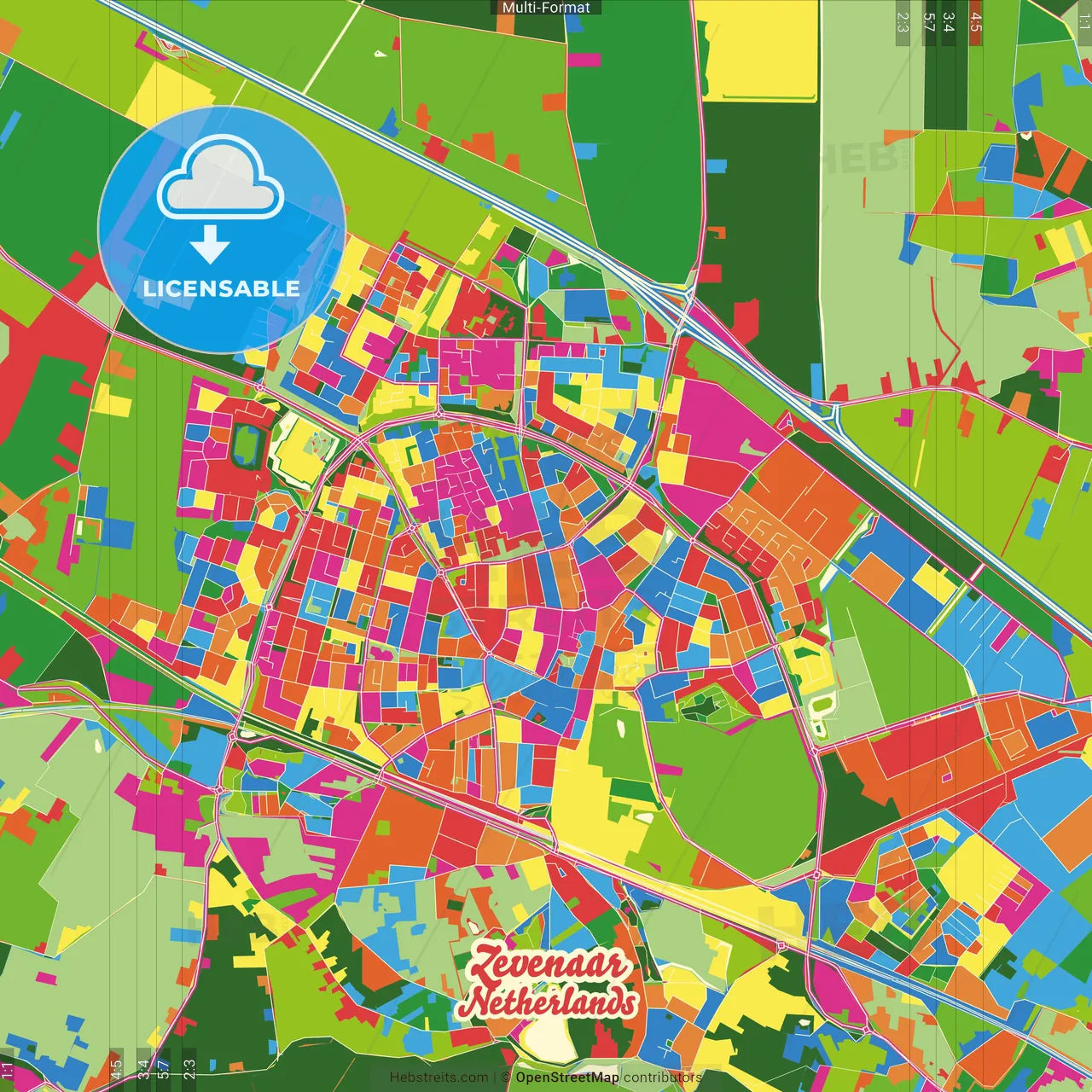 Zevenaar, Gelderland, Netherlands Crazy Colorful Street Map Poster Template
