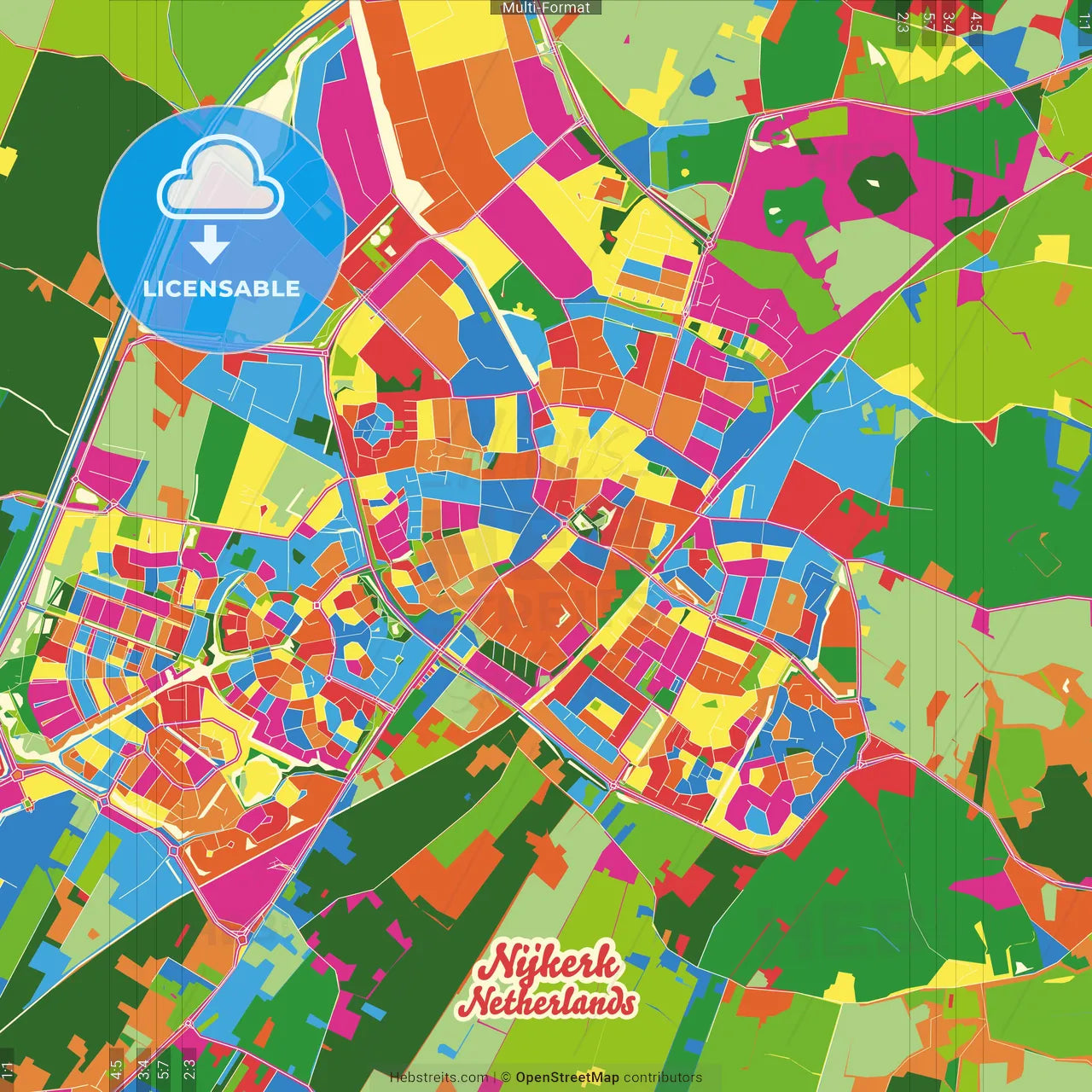 Nijkerk, Gelderland, Netherlands Crazy Colorful Street Map Poster Template