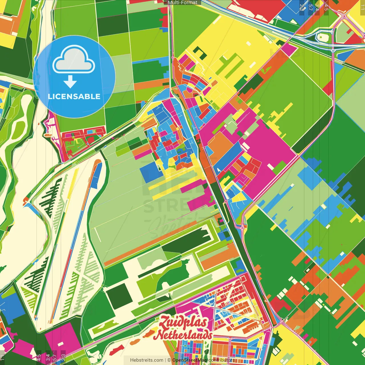 Zuidplas, South Holland, Netherlands Crazy Colorful Street Map Poster Template