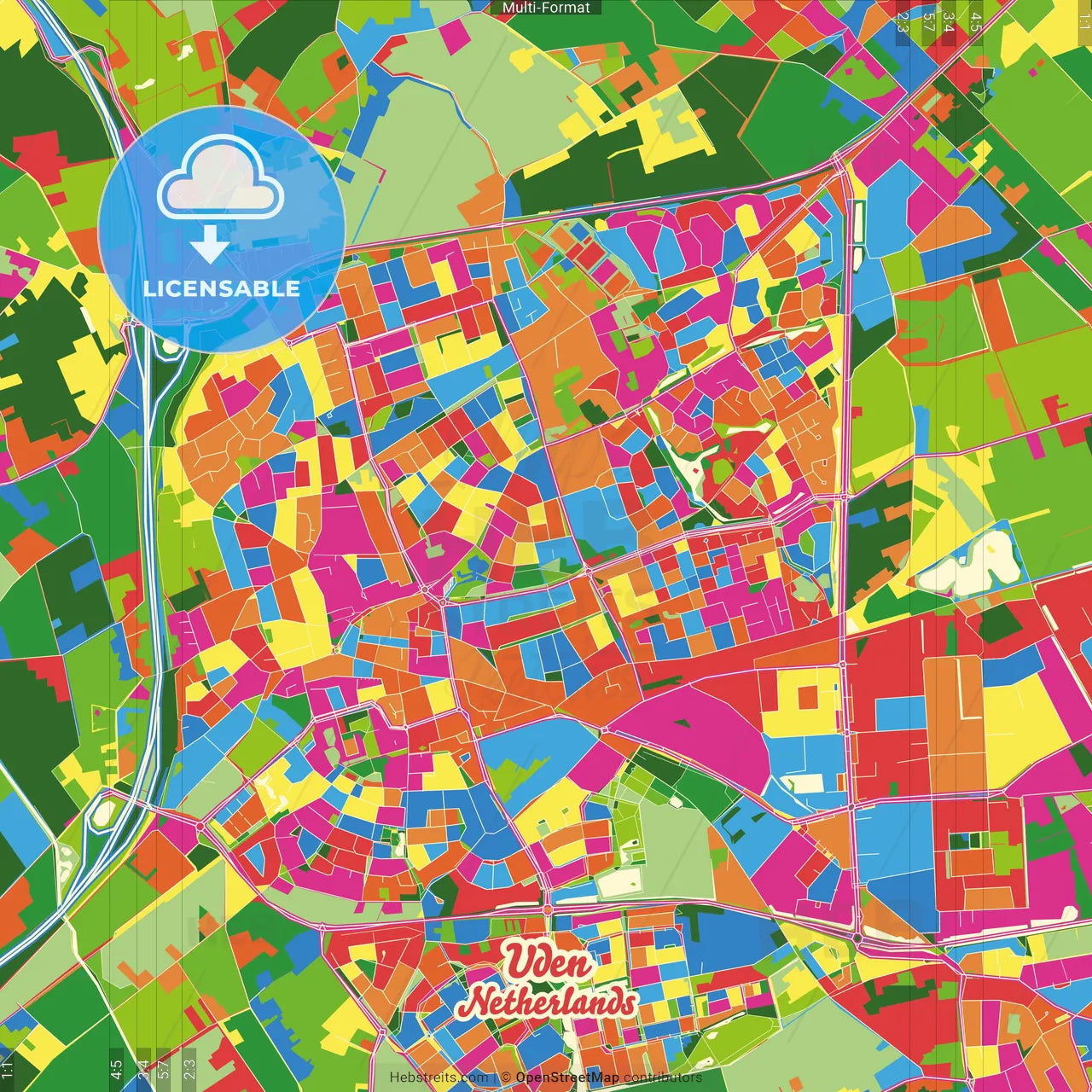Uden, North Brabant, Netherlands Crazy Colorful Street Map Poster Template