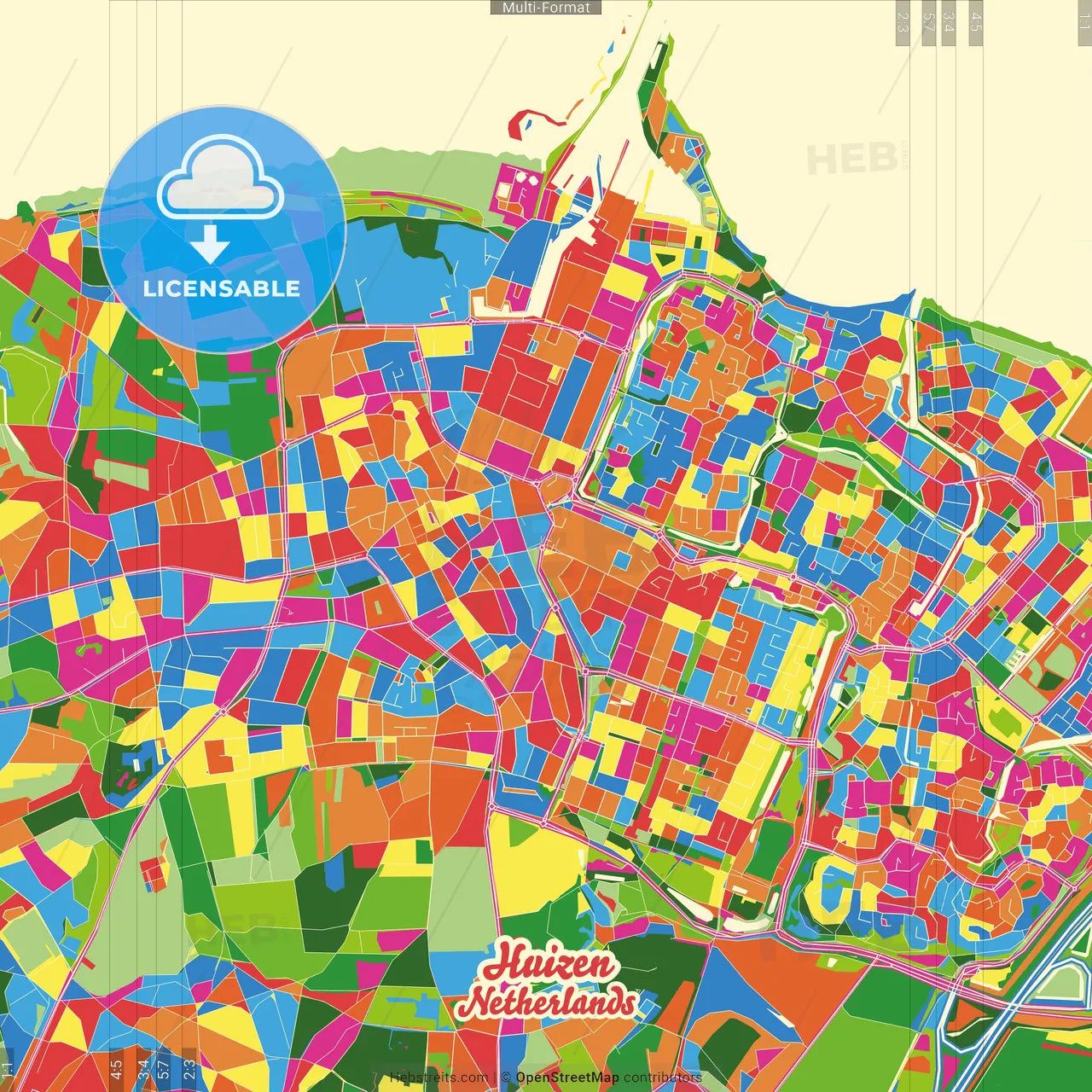 Huizen, North Holland, Netherlands Crazy Colorful Street Map Poster Template